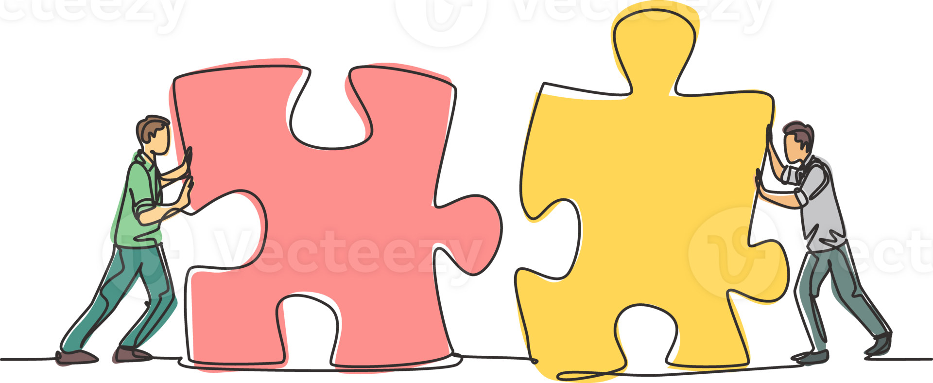 One continuous line drawing of two young businessmen push puzzle pieces to unite them as sign to start business collaboration. Modern unity teamwork concept single line draw design illustration png