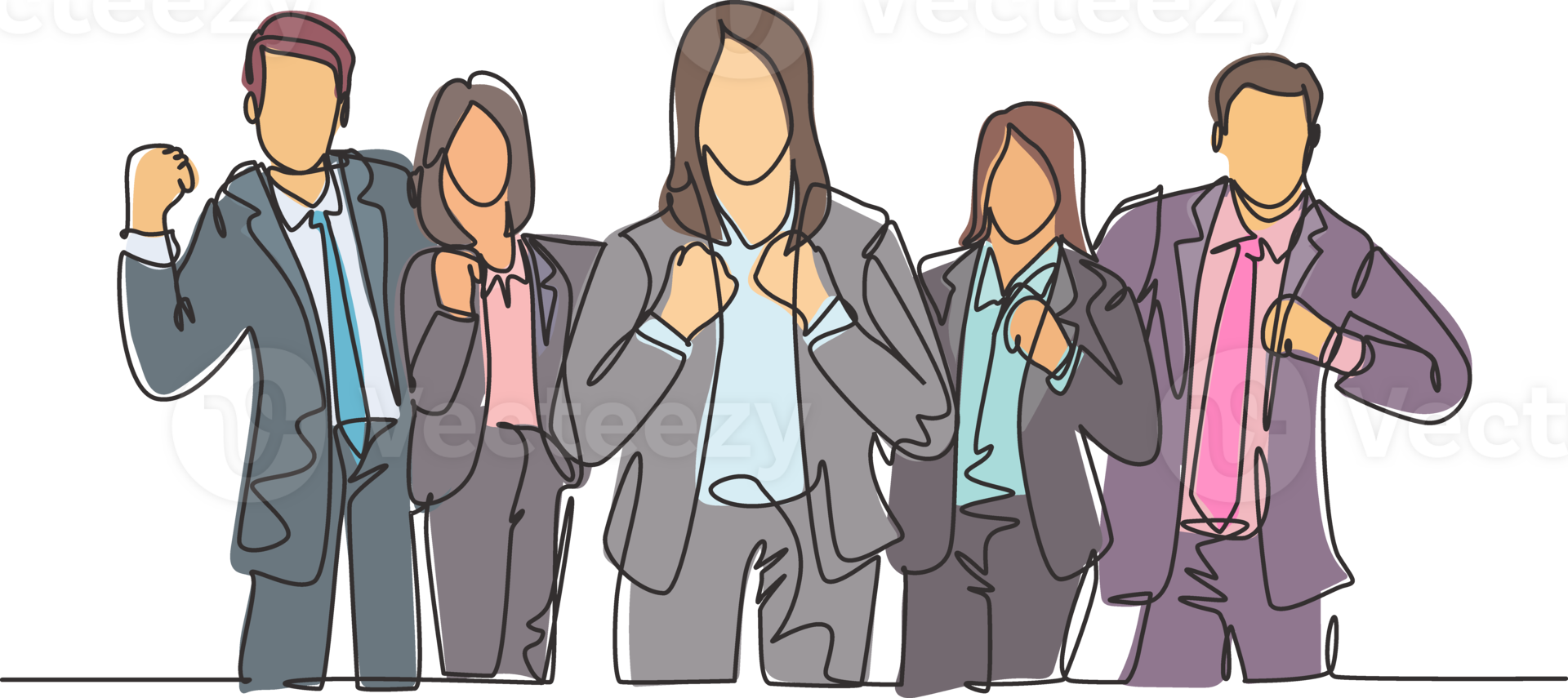 One continuous line drawing group of businessman and businesswoman line up celebrates their successful project while fist hands. Business teamwork concept single line draw design illustration png