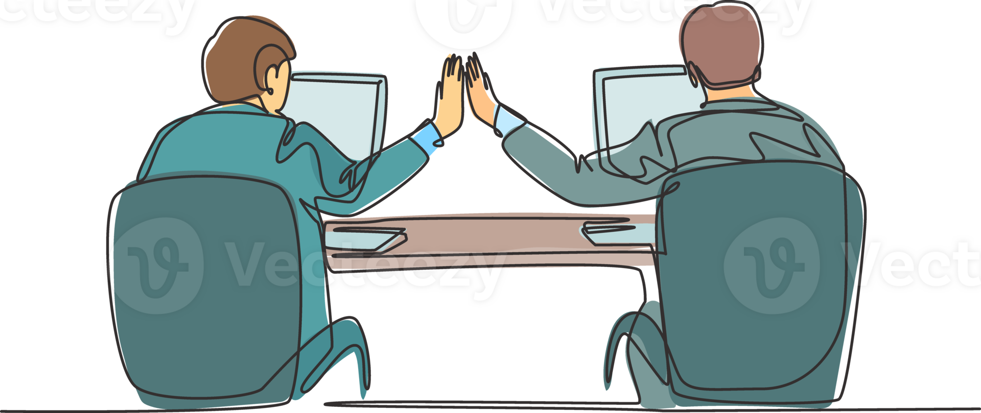 One continuous line drawing of two young happy business men high five when they knew the project running smoothly. Trendy business teamwork concept single line draw design graphic illustration png