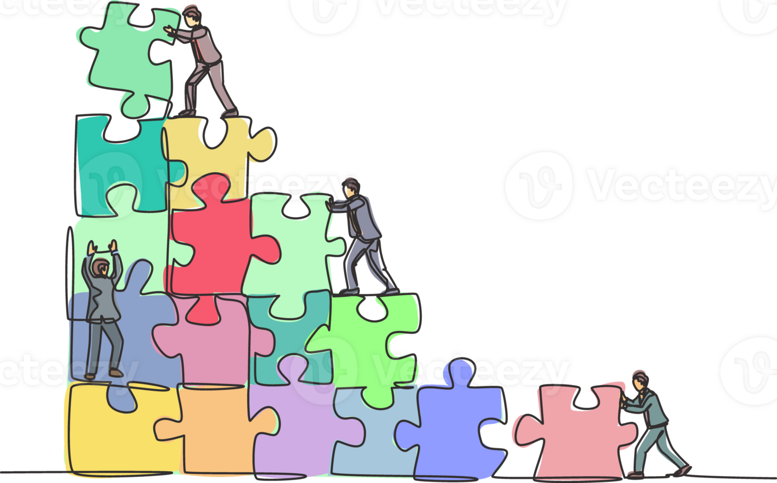 One single line drawing of two young businessman push and arrange puzzle pieces to build a strong building. Trendy business teamwork concept continuous line draw design graphic illustration png