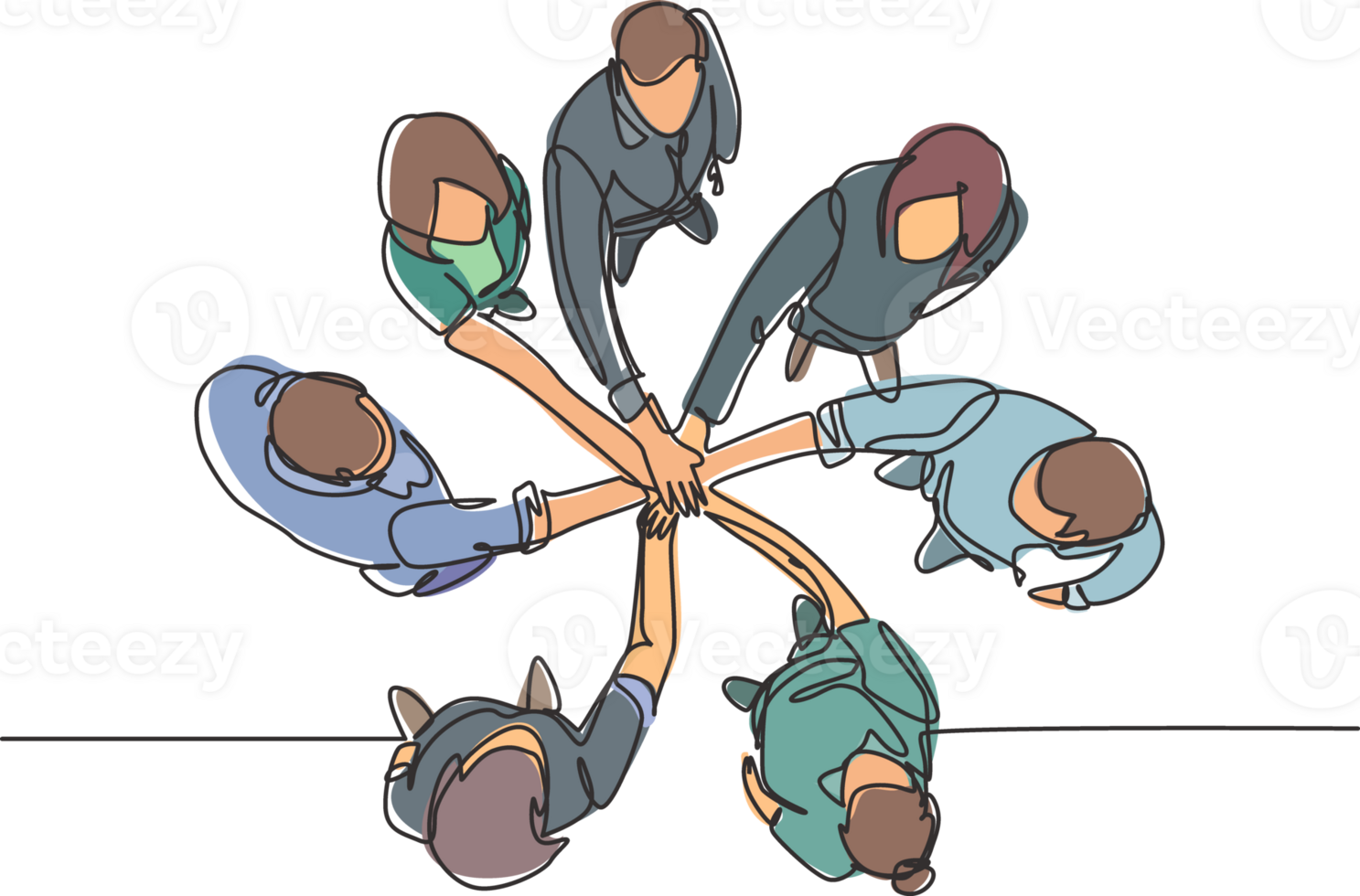 One single line drawing group of young happy business people unite their hands together to form a circle shape symbol, top view. Trendy teamwork concept continuous line draw design illustration png