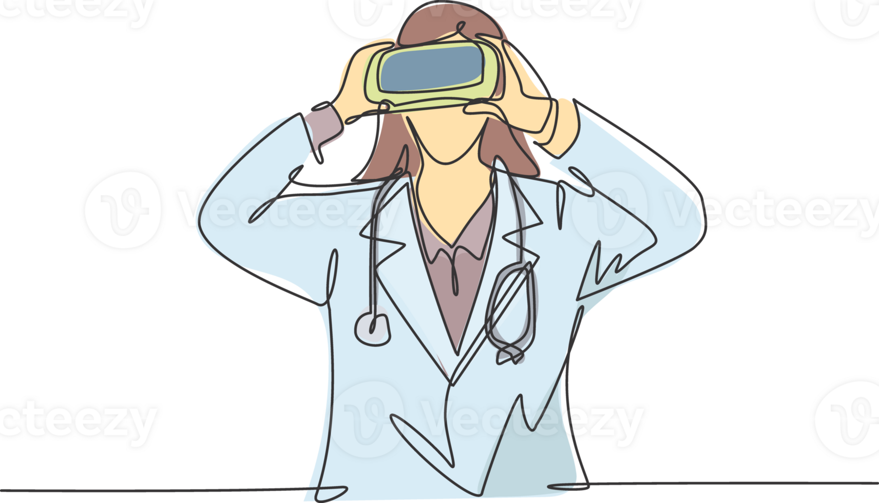 One single line drawing of young happy female doctor looking digital visual data using virtual reality goggles. Smart technology game player concept continuous line draw design illustration png
