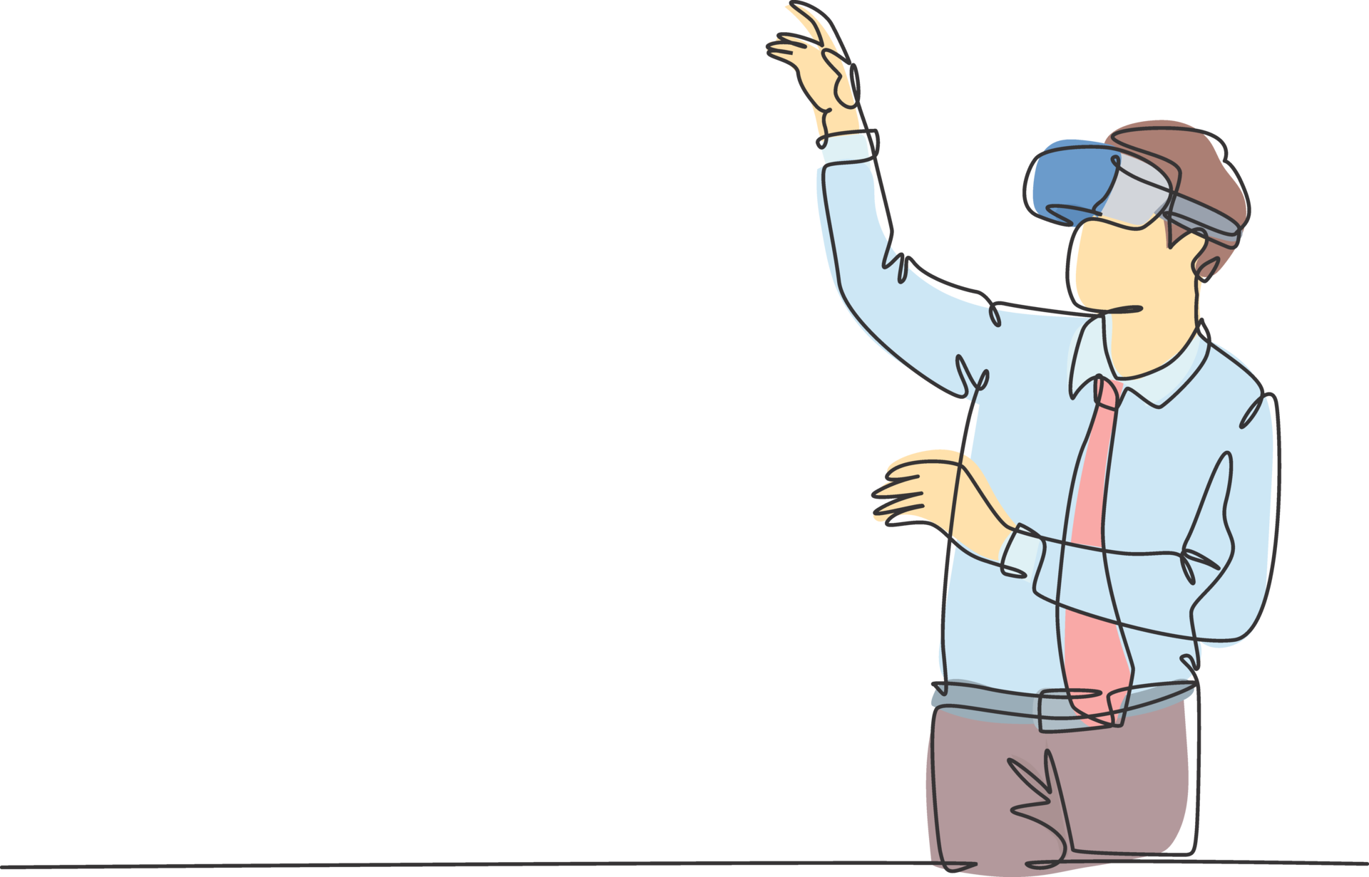 One continuous line drawing of young happy businessman pretending to