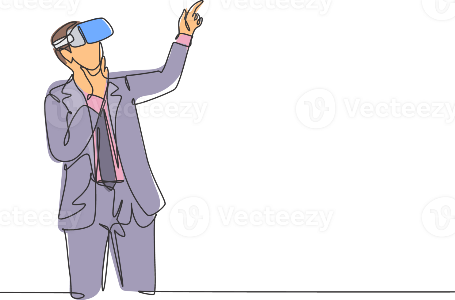 One single line drawing of young serious businessman thinking watching visual simulation on virtual reality. Smart technology futuristic game concept continuous line draw design illustration png