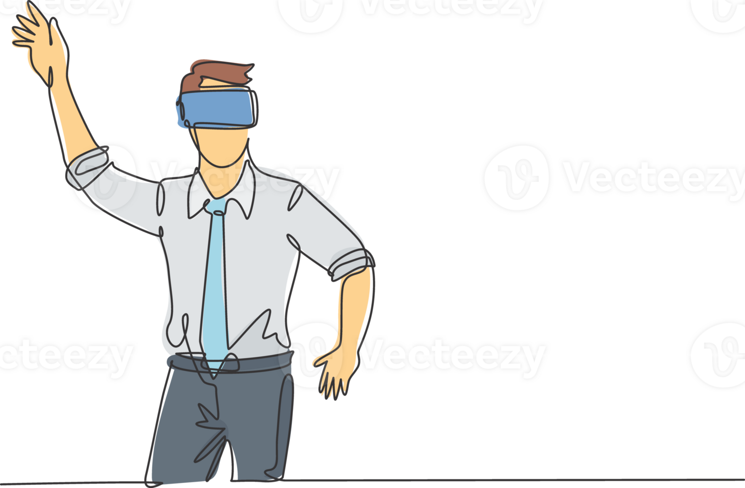 Single continuous line drawing of young shock businessman tries to avoid obstacles while playing game simulation. Virtual reality game player concept one line draw design graphic illustration png