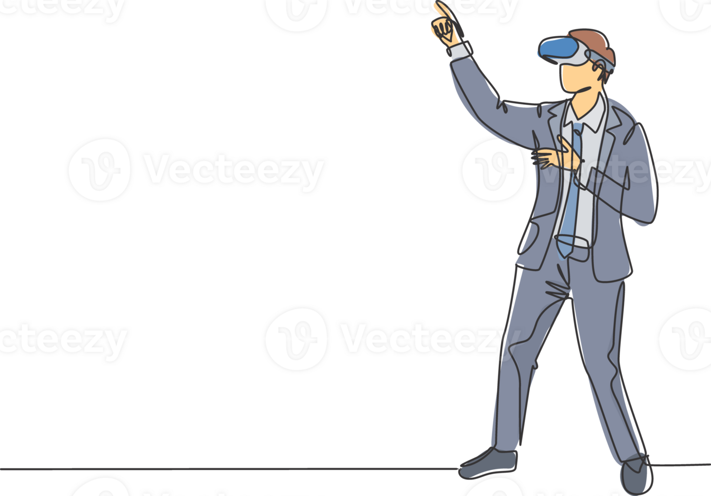 One continuous line drawing of young happy businessman simulates to press button on virtual reality goggles. Modern augmented reality video game concept single line draw design illustration png