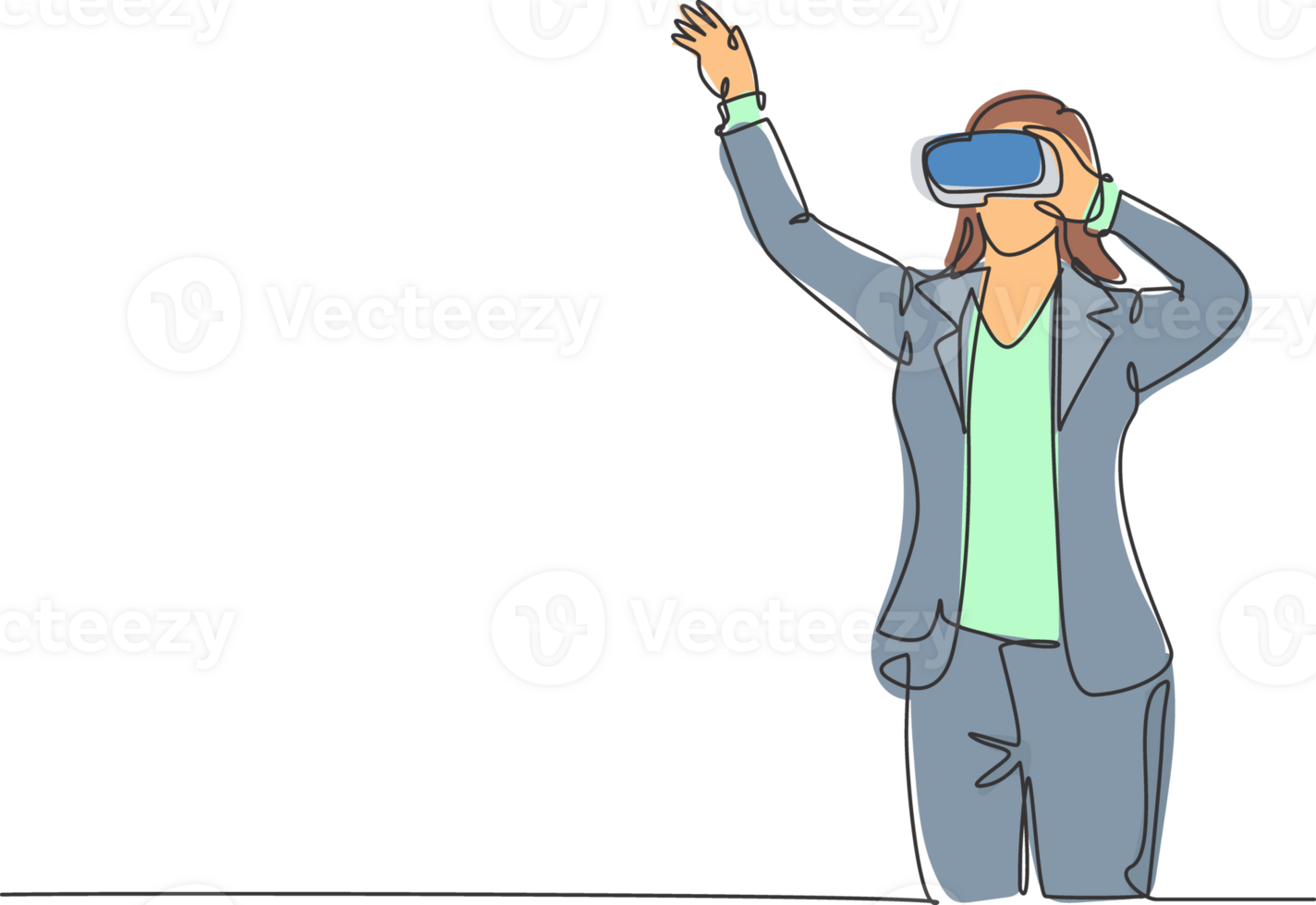 One single line drawing of young happy gamer businesswoman wearing virtual reality glasses and pointing finger. Smart technology futuristic game player concept continuous line draw design png