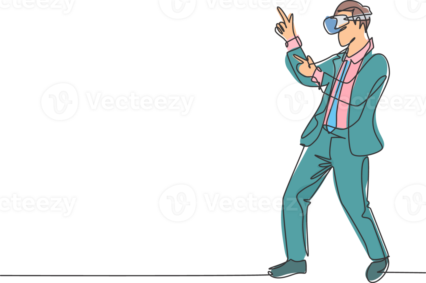 One single line drawing of young happy business man pretending as a cowboy while playing virtual reality game. Smart technology futuristic game concept continuous line draw design illustration png