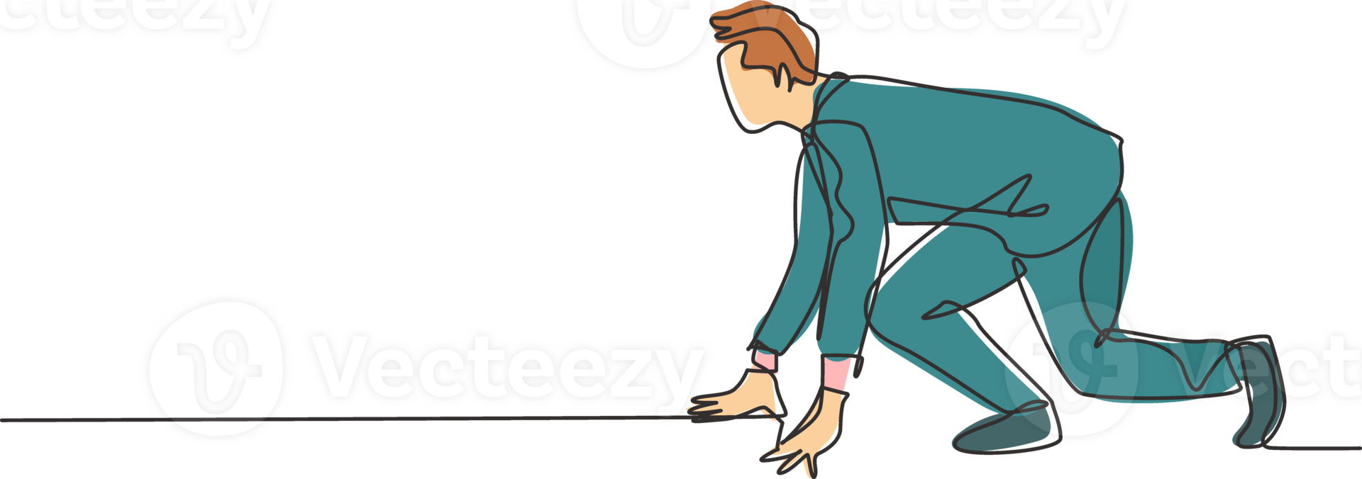 Single continuous single line drawing of young happy businessman get ready to do sprint run on running track, from side view. Business race competition concept one line draw design illustration png
