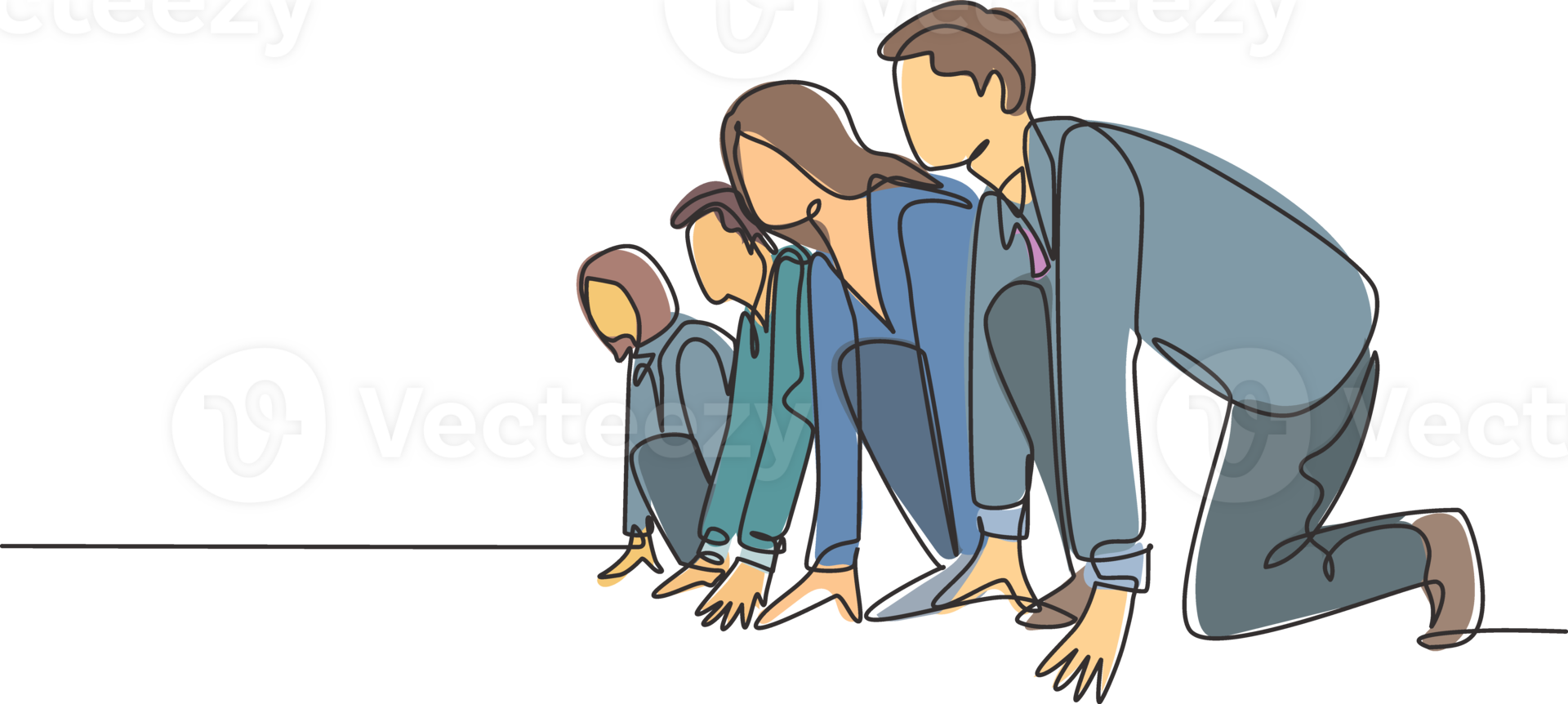 One single line drawing group of male and female worker gets ready on starting line to do sprint race together. Business running competition concept continuous line draw design illustration png