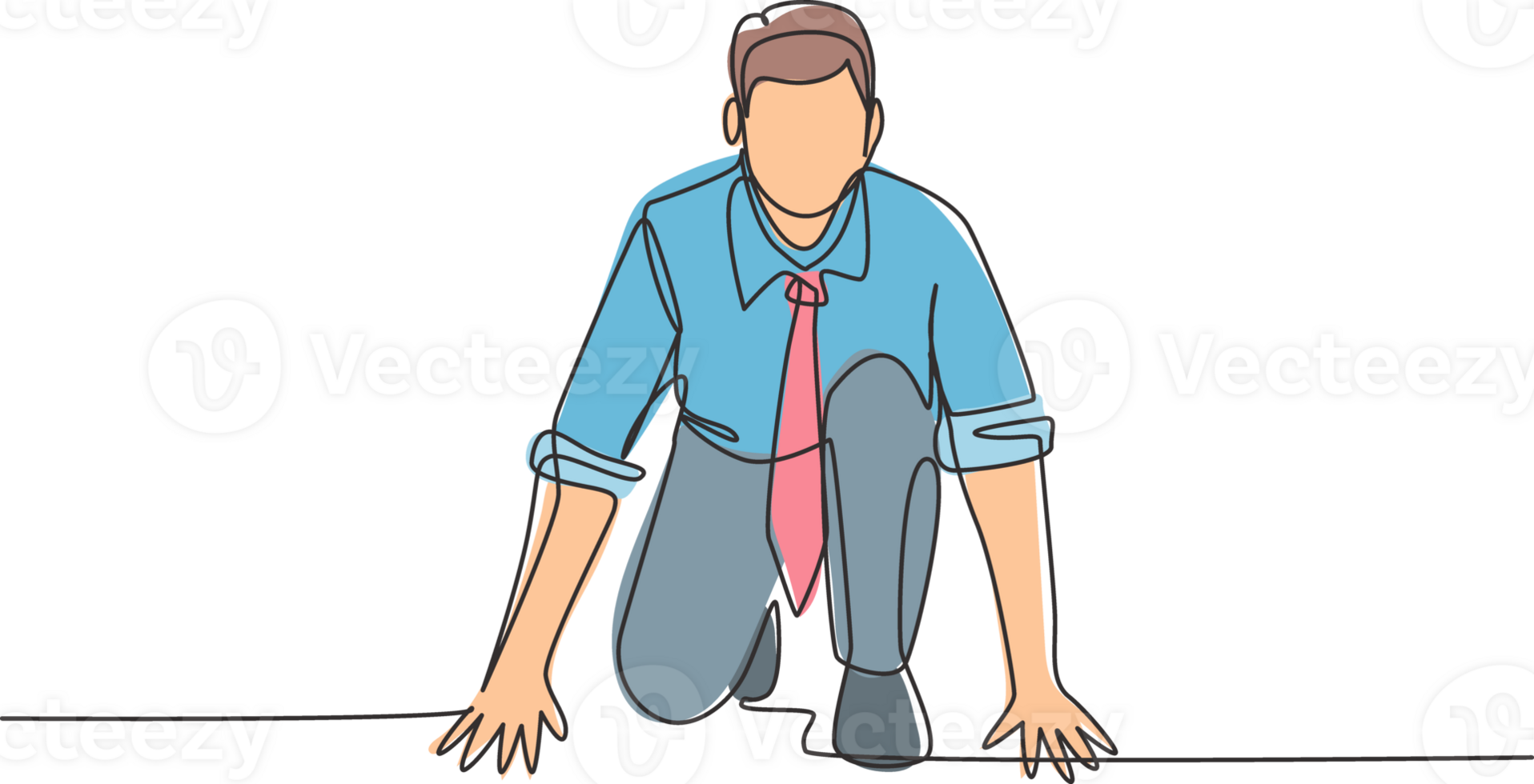 One continuous single line drawing of young happy businessman gets ready to doing sprint run on running track, from front view. Business race concept trendy single line draw design illustration png