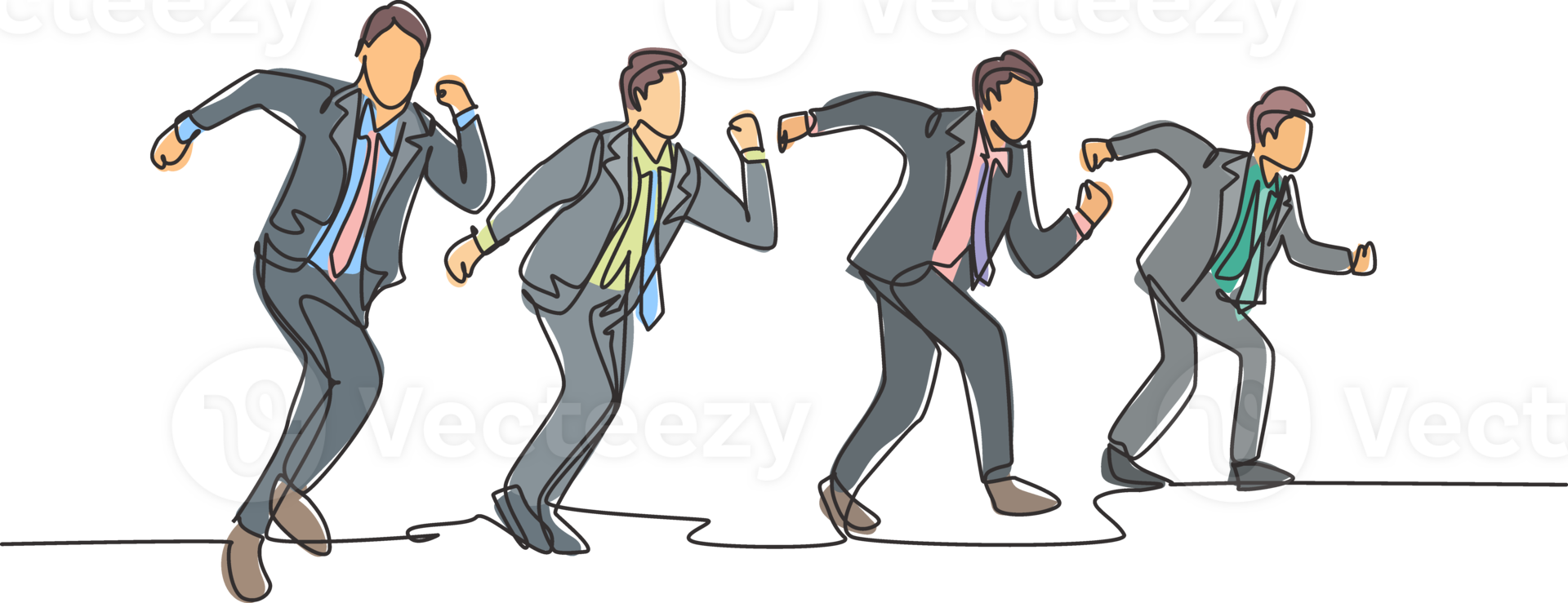 One continuous single line drawing of young male and female manager join run competition on running track to reach finish line. Business sprint race concept single line draw design illustration png