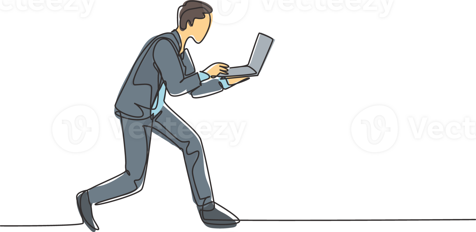 One continuous single line drawing of young rush male worker typing on laptop while he does sprint run go to office. Deadline business work concept single line draw design graphic illustration png