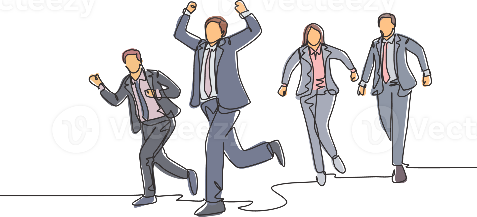 One single line drawing of group of male and female workers doing sprint race on the road track cross finish line. Business running competition concept continuous line draw design illustration png