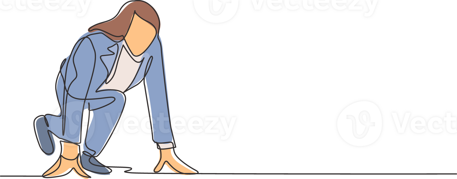 Single continuous single line drawing of young happy businesswoman get ready to sprint run on running track, from side view. Business race competition concept one line draw design illustration png