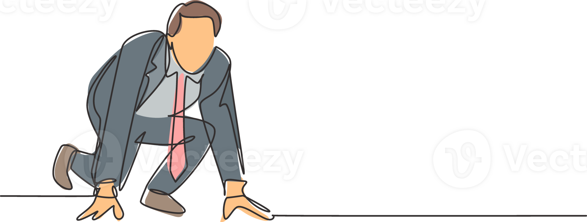 Single continuous single line drawing of young happy businessman get ready to sprint run on running track, from front view. Business race competition concept one line draw design illustration png