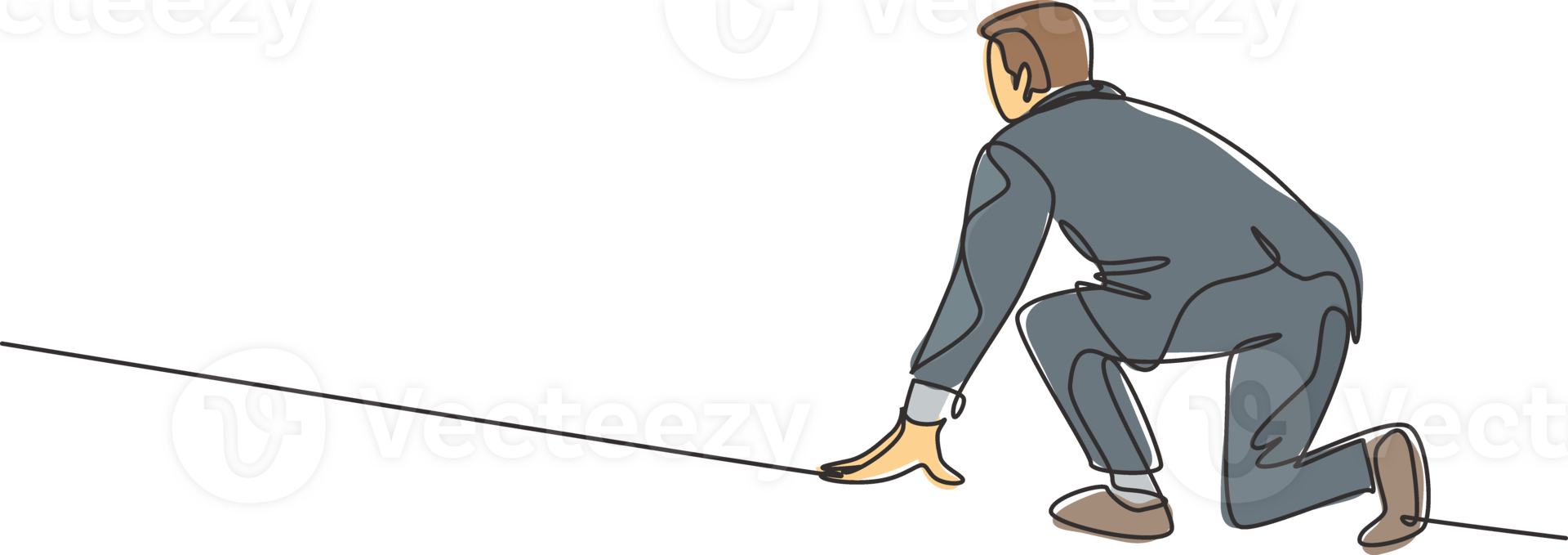 Single continuous single line drawing of young happy businessman get ready to sprint run on running track, from rear view. Business race competition concept one line draw design illustration png