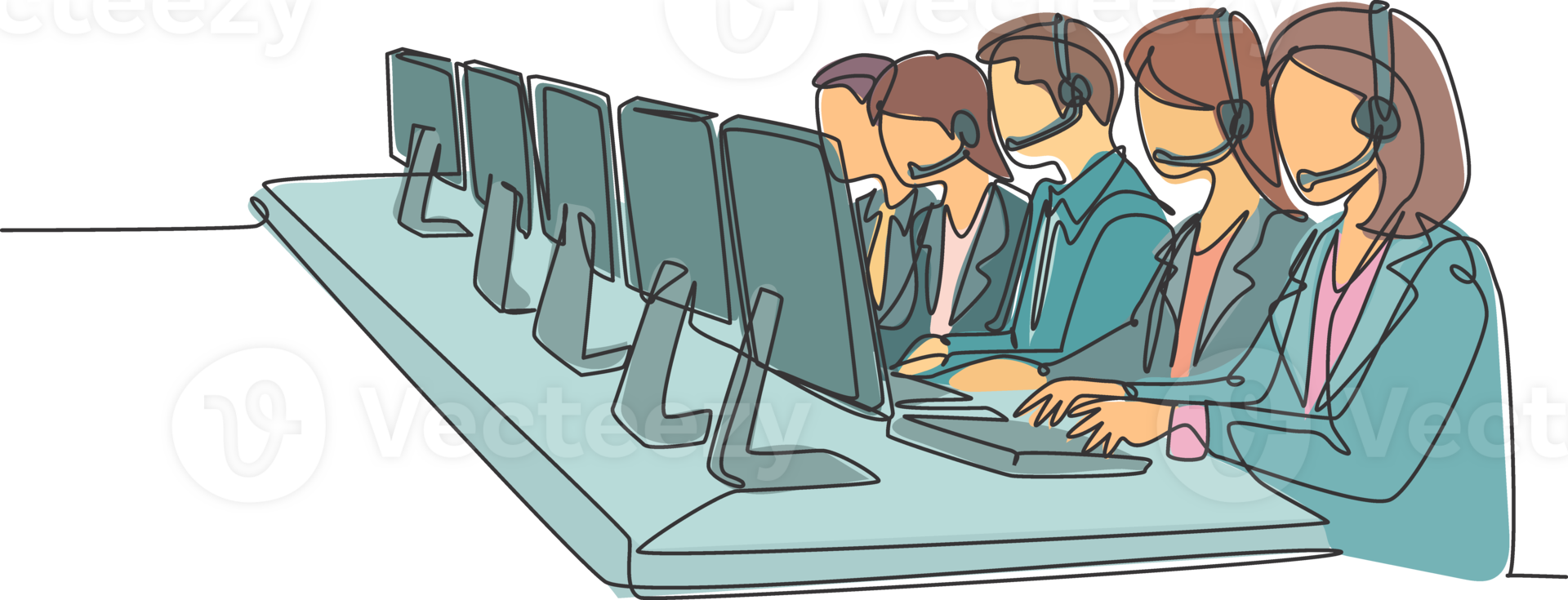 One single line drawing group of male and female customer service team members answer complaint phone call from clients kindly. Call center concept continuous line draw design illustration png