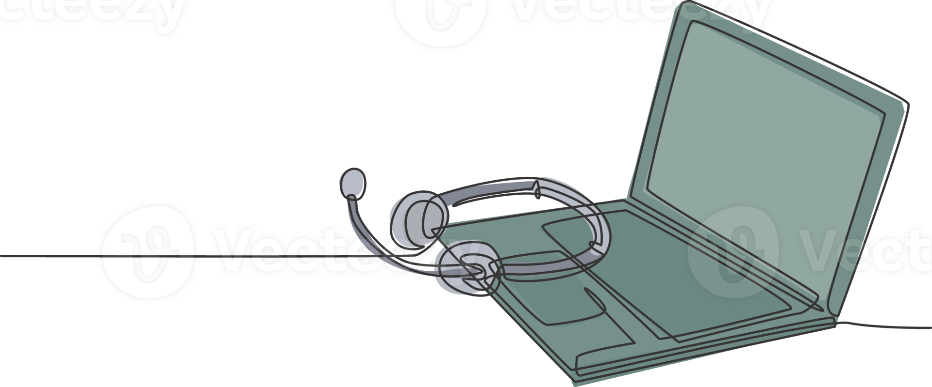 One single line drawing of headphone with microphone and laptop on the work desk as call center equipment tools. Call center customer care concept continuous line draw design illustration png