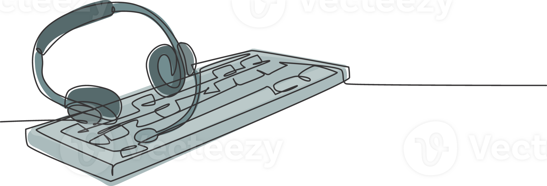 One single line drawing of headphone with microphone and keyboard on the work desk as customer service care equipment tools. Call center concept continuous line graphic draw design illustration png