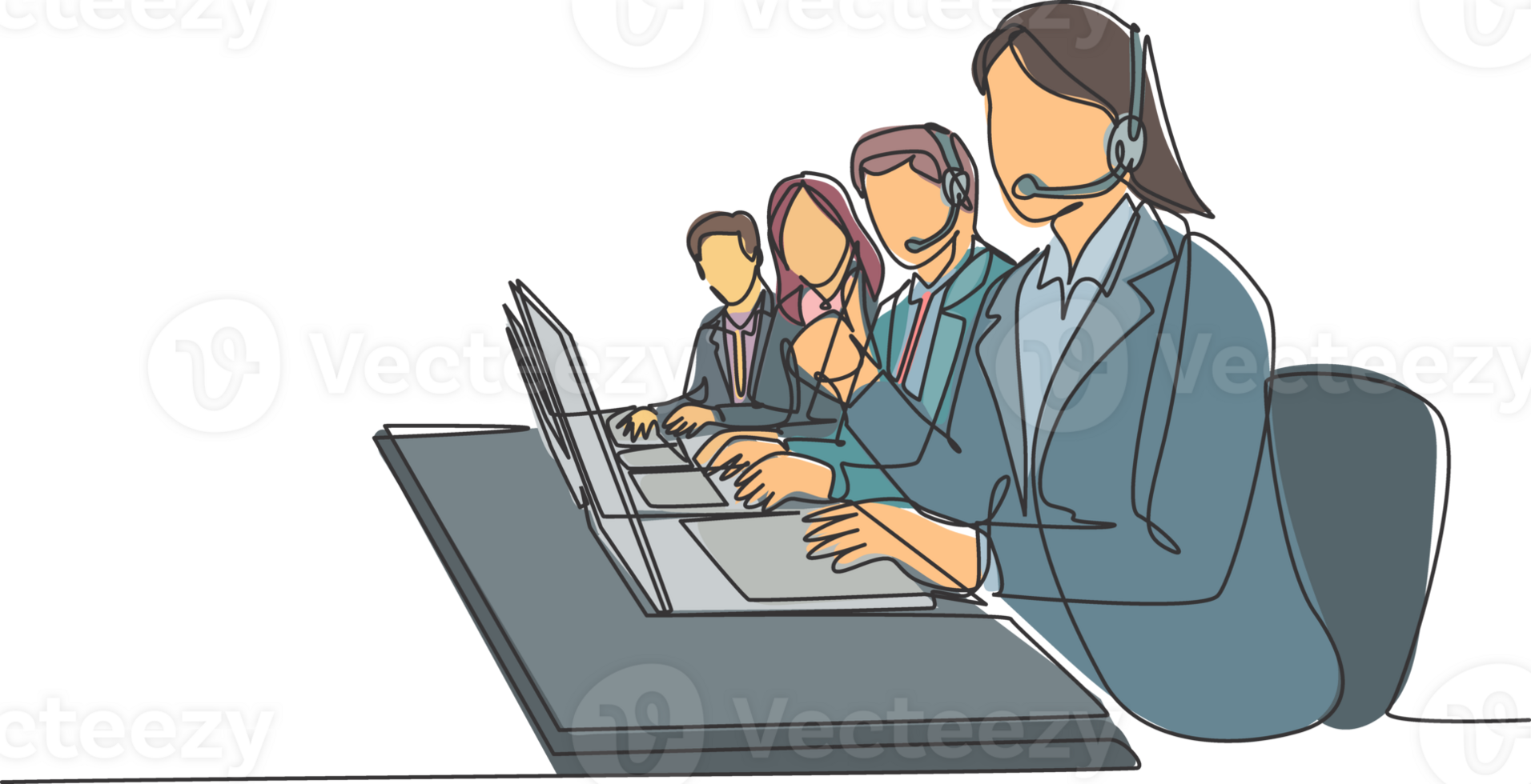 One continuous line drawing group of male and female call center team member answer complain phone call from clients kindly. Customer service concept single line draw design illustration png