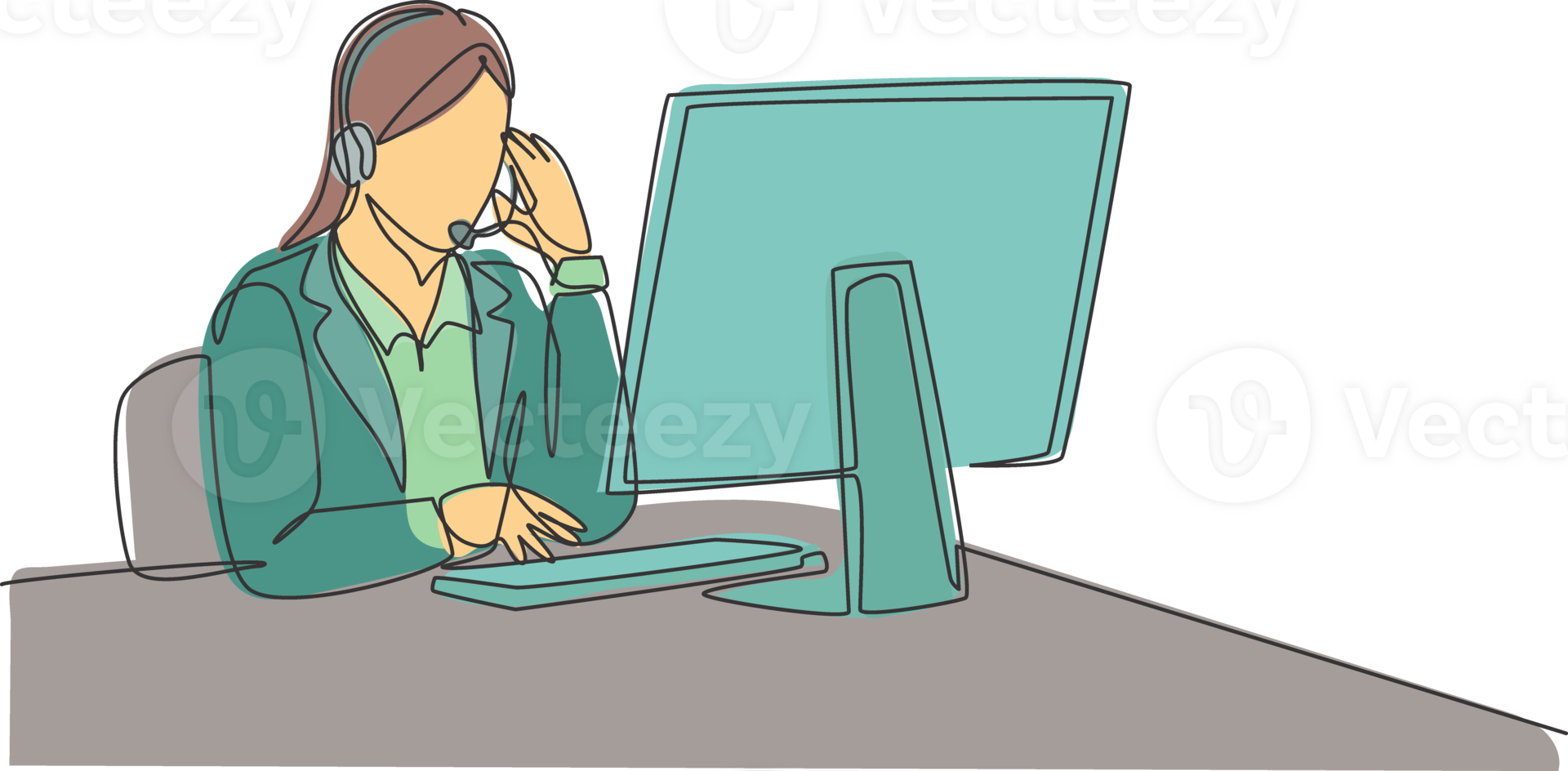 Single continuous line drawing of young happy female call center worker answering complain call from customer kindly. Helpdesk center care concept one line graphic draw design illustration png