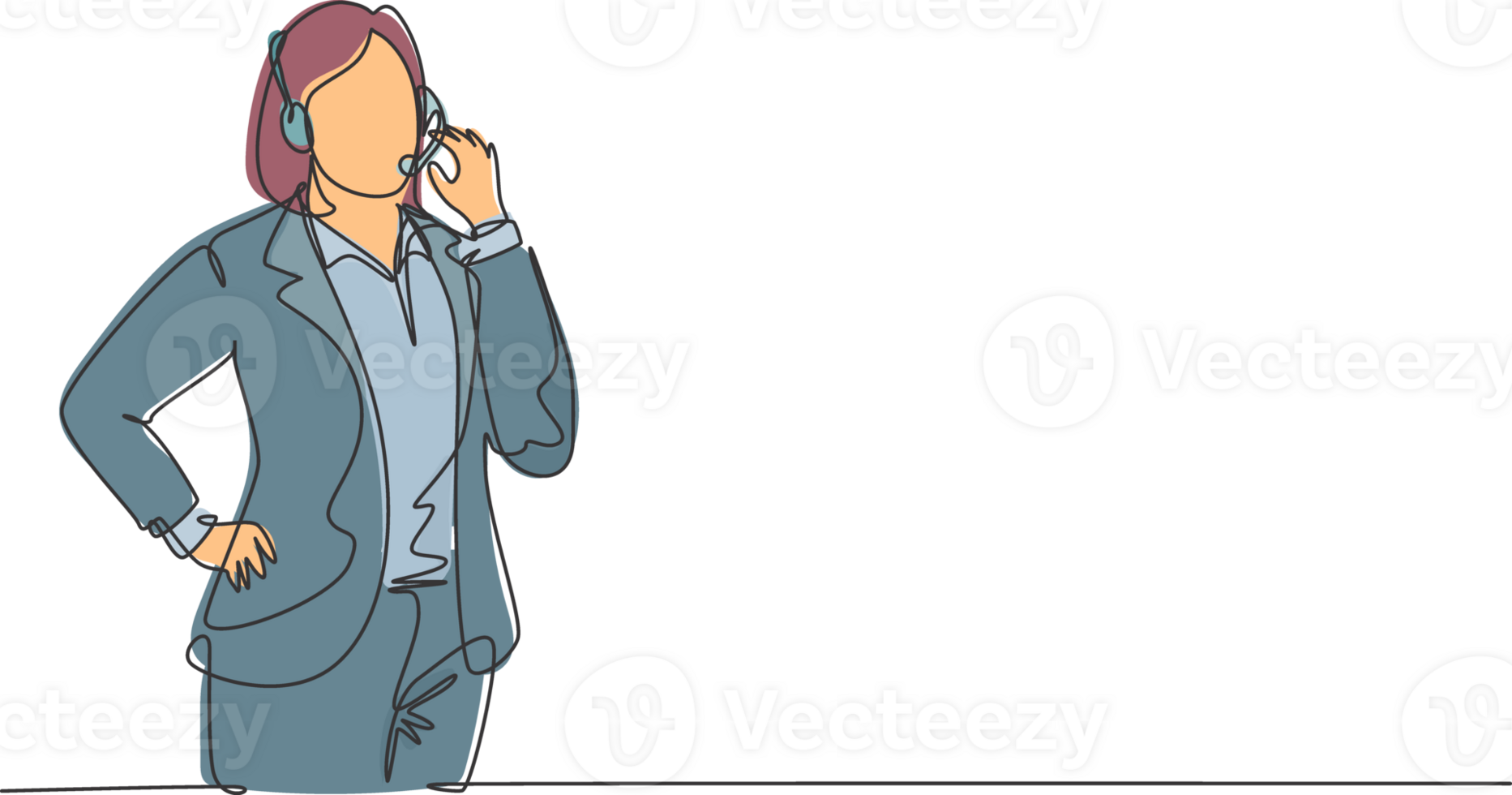 Single continuous line drawing of young happy female customer service worker answering phone call from customer kindly. Helpdesk center care concept one line draw design graphic illustration png