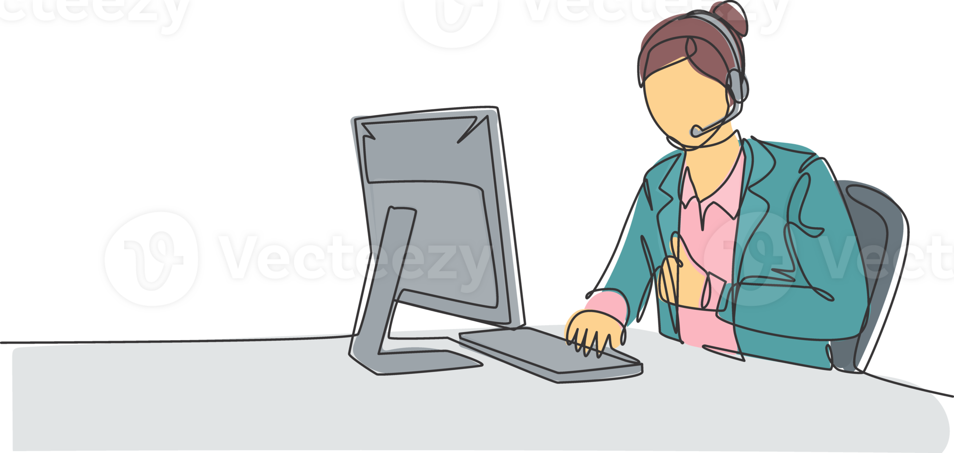 Single continuous line drawing of young happy female call center worker answering complain call from customer kindly. Helpdesk center care concept one line graphic draw design illustration png