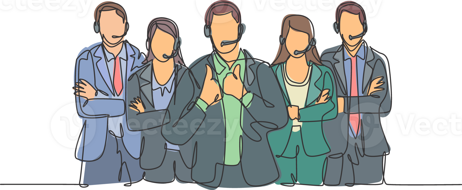 One single line drawing group of male and female customer service team members pose neatly in a straight line. Call center service excellence concept continuous line draw design illustration png
