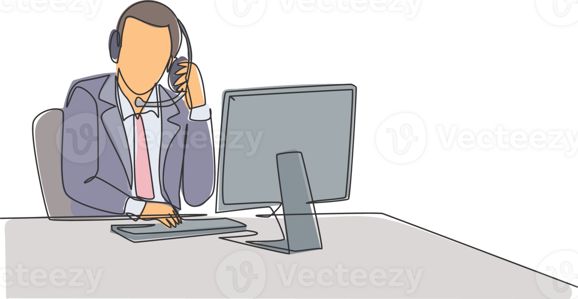 One continuous line drawing of young male customer service remove the headset from his head after listening complain. Call center service excellent concept single line draw design illustration png