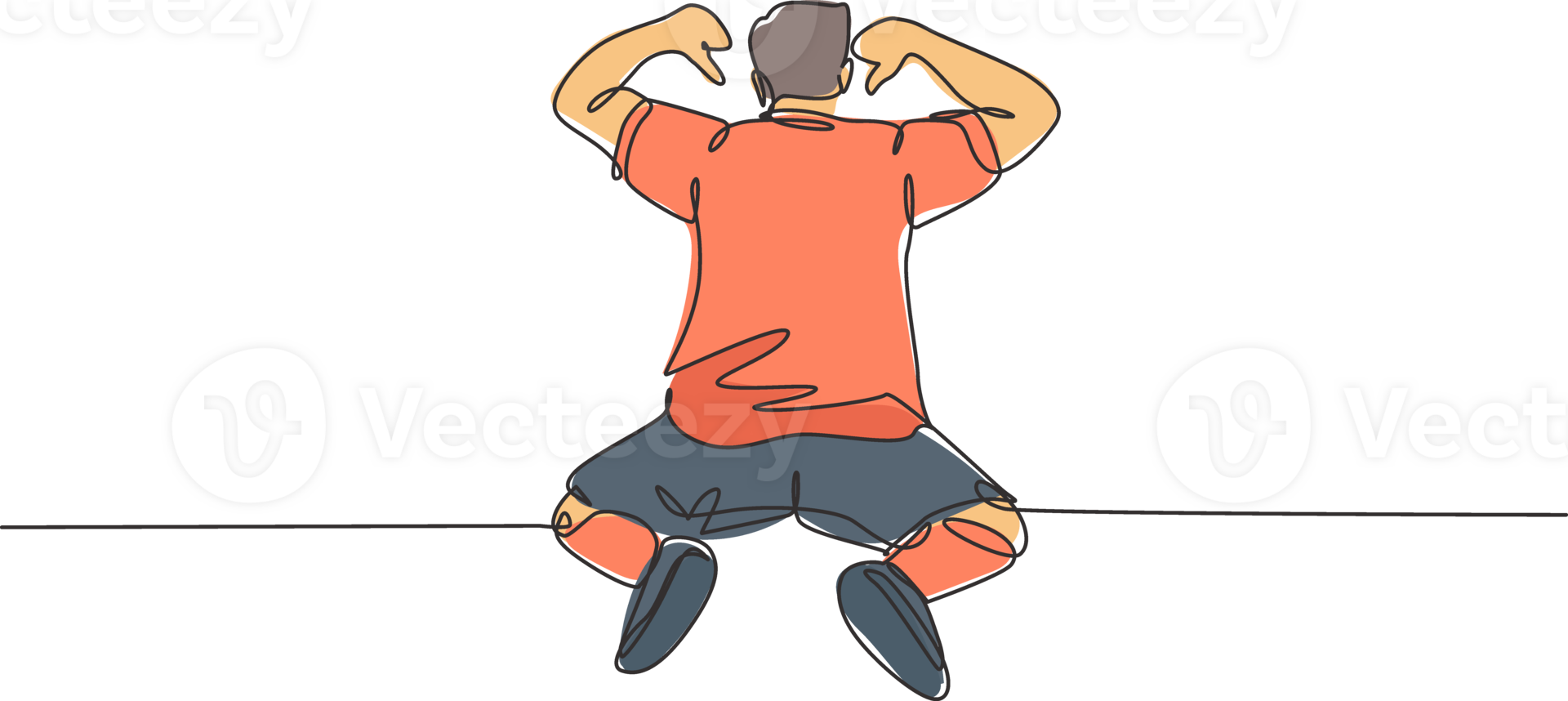 One single line drawing of young football player celebrating the goal with pointing his fingers to the back at field. Match goal celebration concept continuous line draw design illustration png