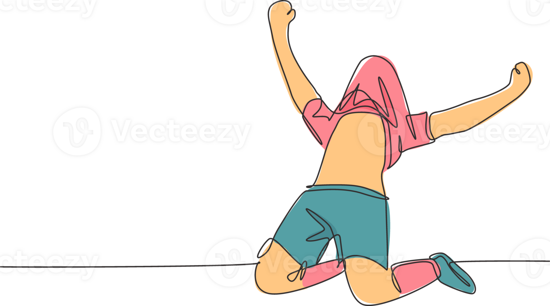One single line drawing of young football player covers his head using the jersey celebrating his goal scoring on field. Match goal celebration concept continuous line draw design illustration png