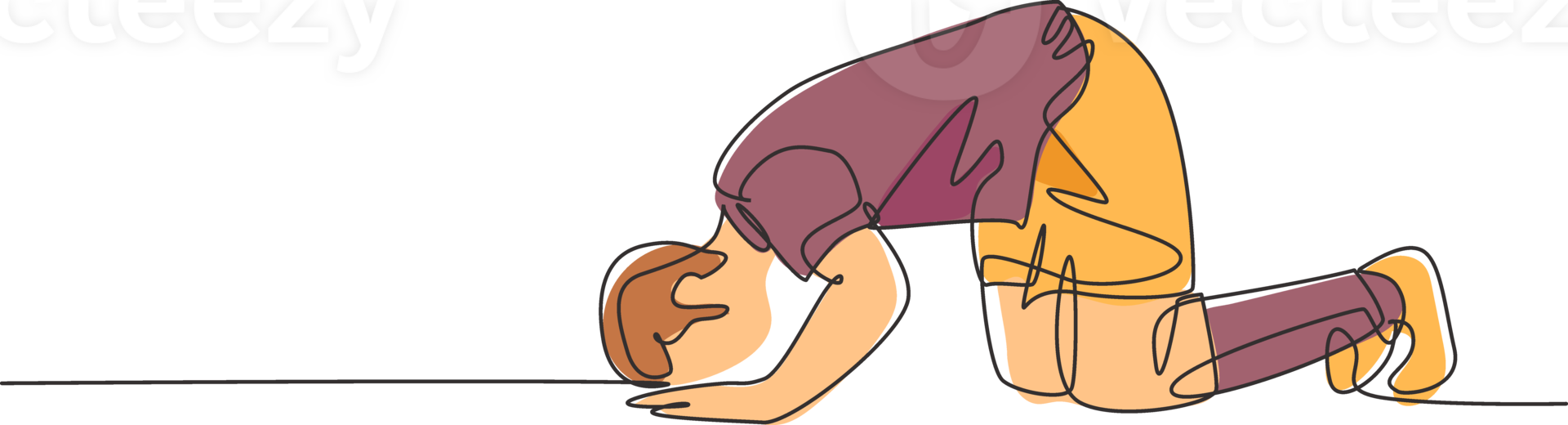 One single line drawing of sporty football player celebrates his goal with sujud of gratitude gesture at field. Match goal celebration concept continuous line graphic draw design illustration png