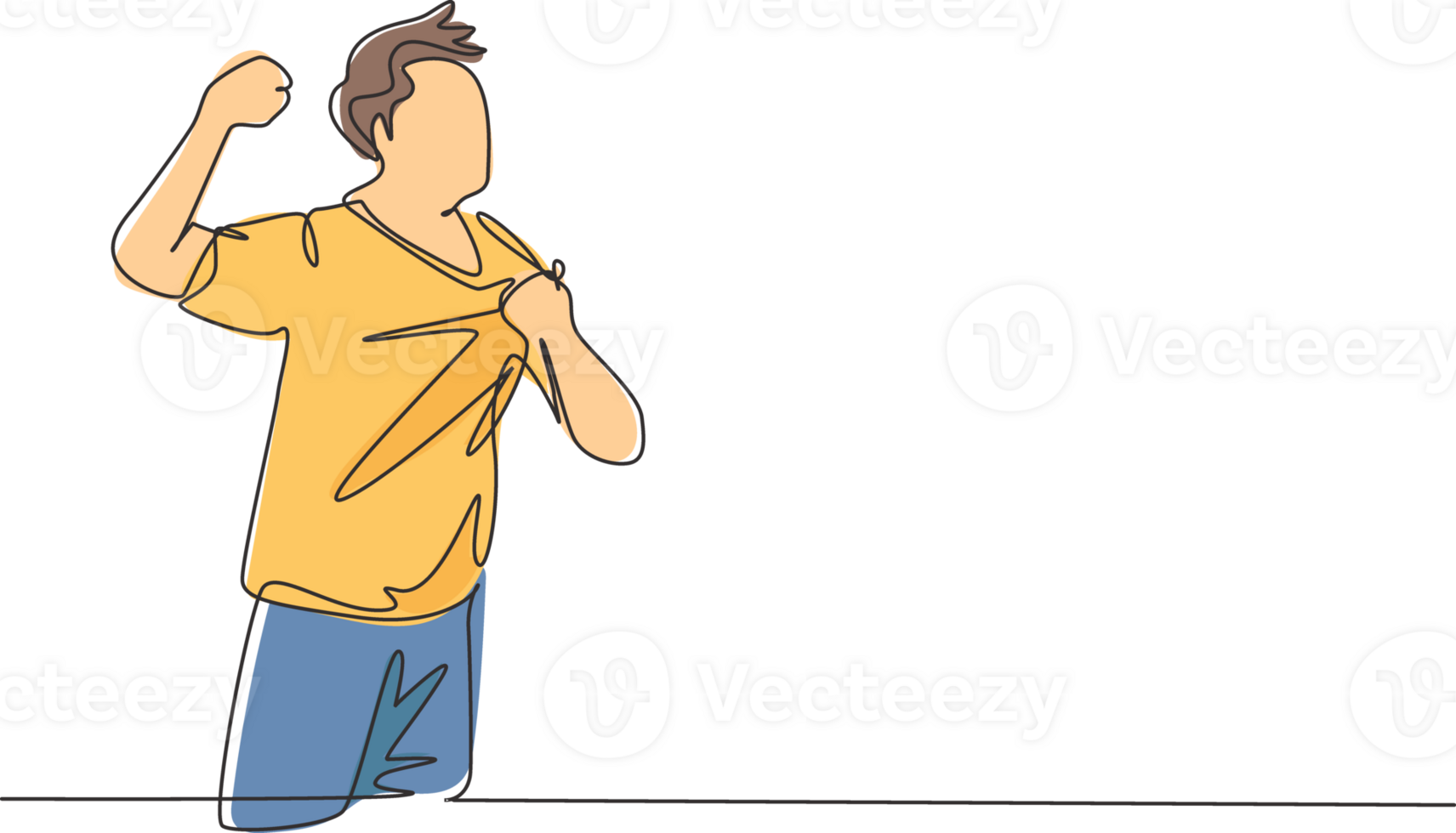 One continuous line drawing of young soccer player grabbing his badge club on jersey and punching fist to the sky. Match goal scoring celebration concept single line draw design illustration png