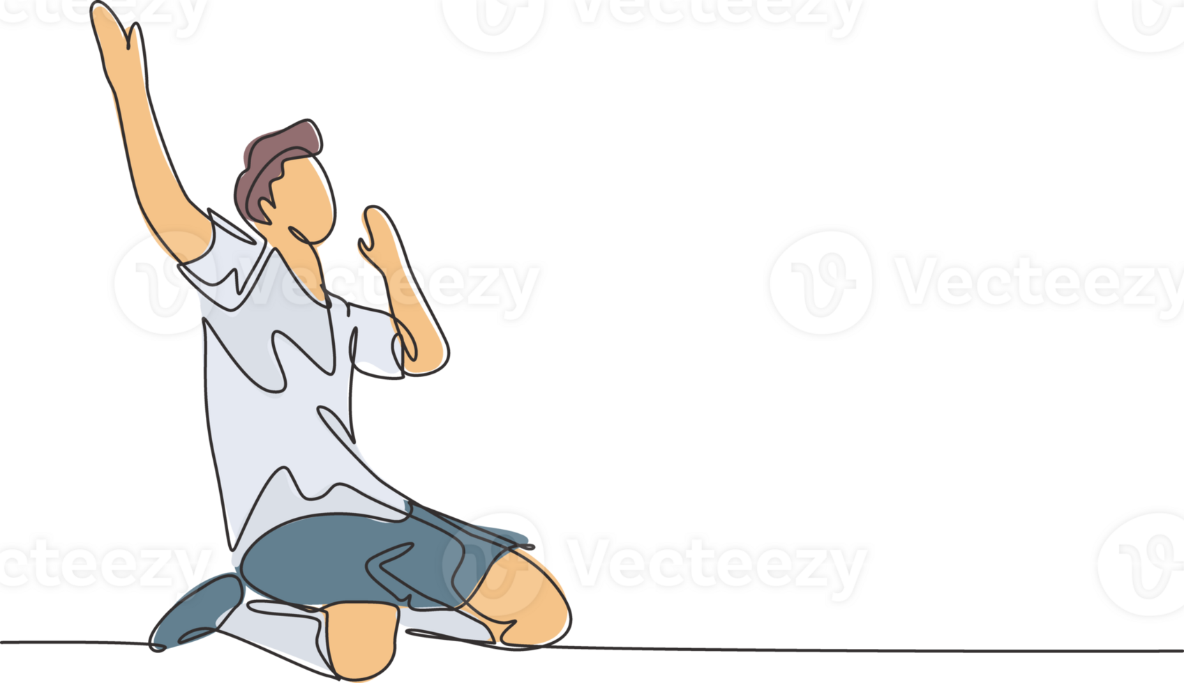 soltero continuo línea dibujo de joven deportivo fútbol jugador levanta su manos arriba en el campo después puntuación. partido fútbol objetivo celebracion concepto uno línea dibujar diseño gráfico ilustración png