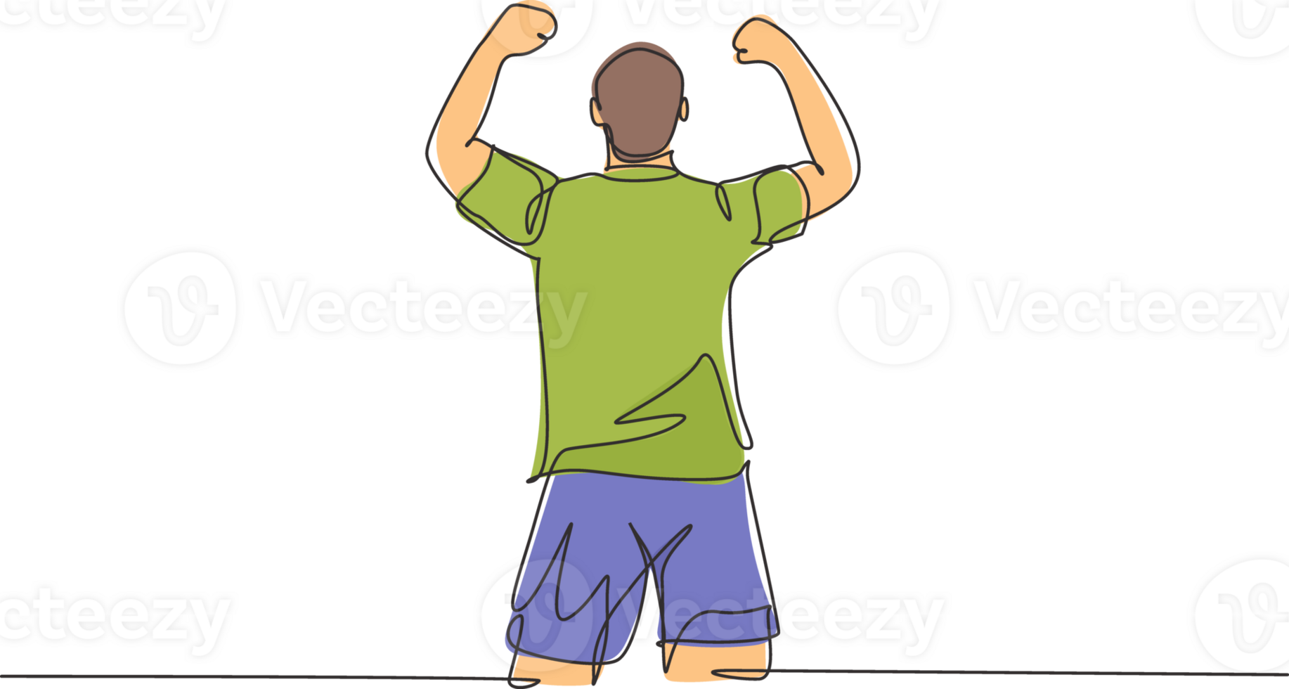 One continuous line drawing of sporty young soccer player raises his fist hands up to the sky emotionally on field. Match goal scoring celebration concept single line draw design illustration png