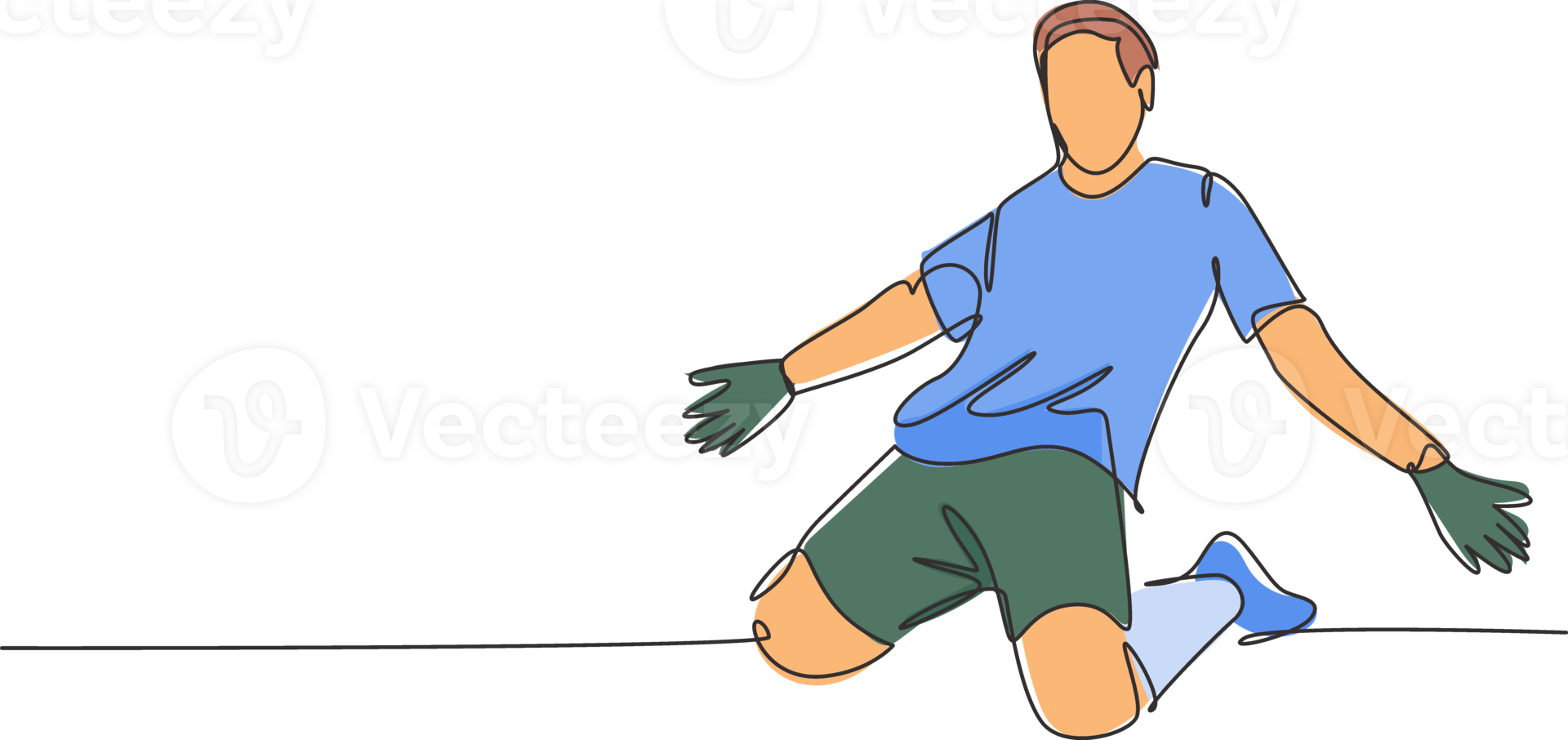 One continuous line drawing of young sporty soccer player spreading his arms and sliding over the field. Match goal scoring celebration concept single line draw design illustration png