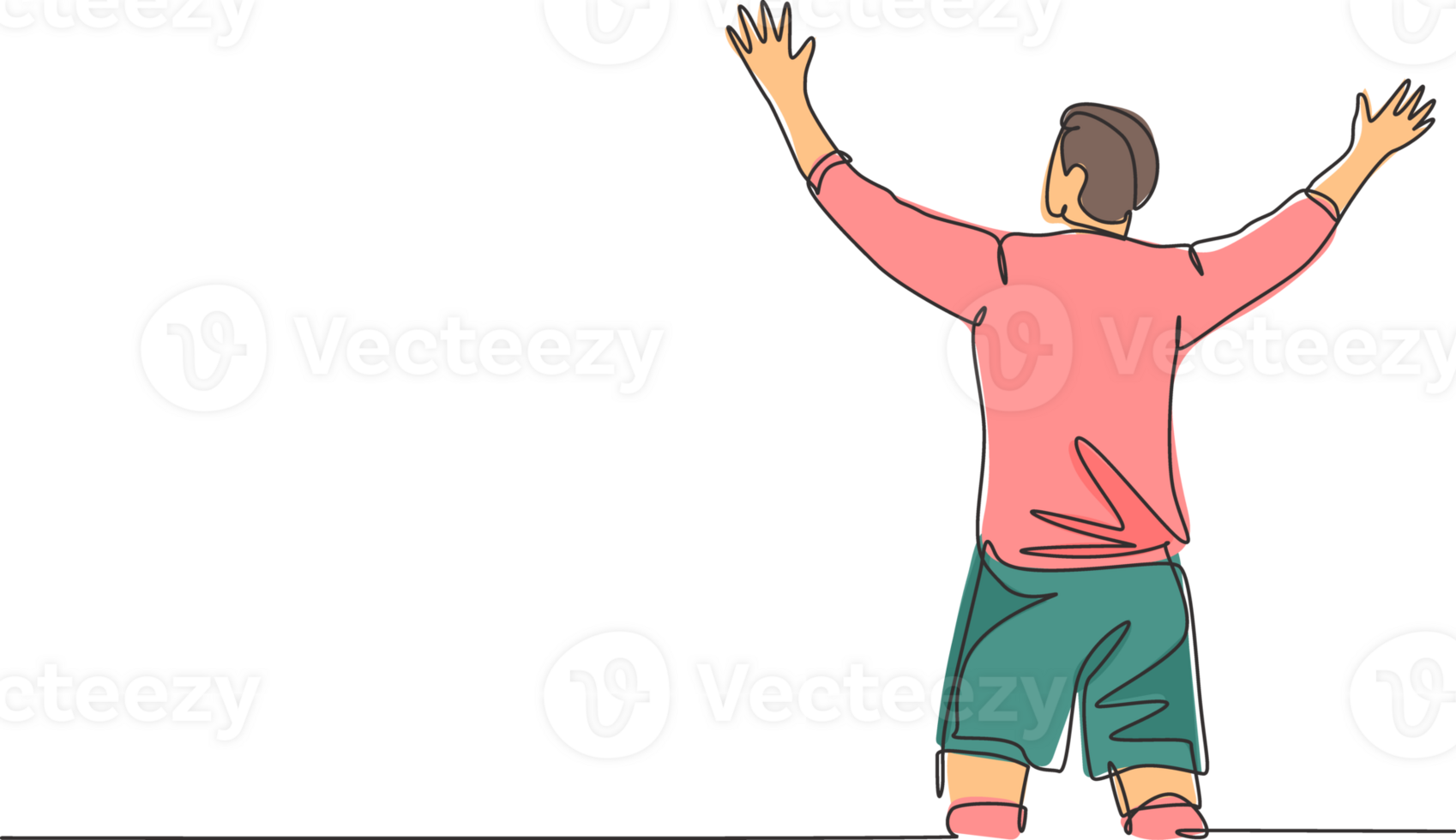 One continuous line drawing of sporty young soccer player spreading his arms and screaming loudly on the field. Match goal scoring celebration concept single line draw design illustration png
