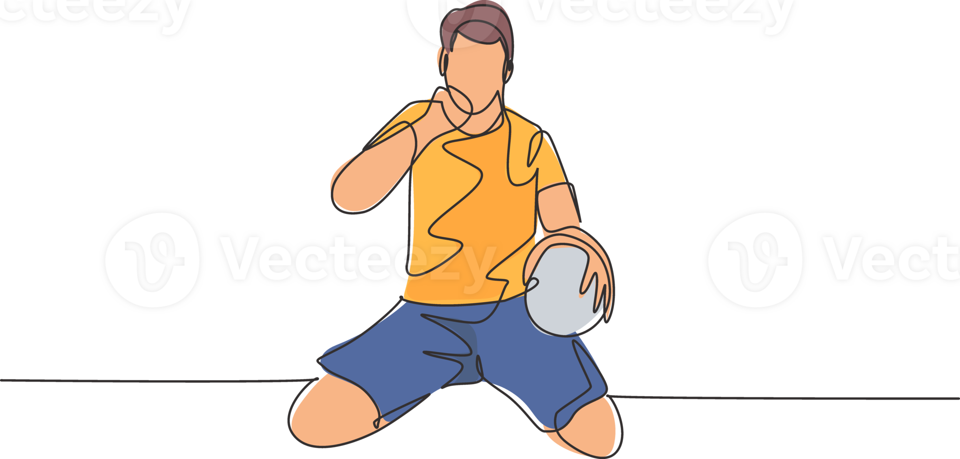 One continuous line drawing of young soccer player keeps the ball on hand and punch fist to the sky to celebrate the goal. Goal scoring celebration concept single line draw design illustration png