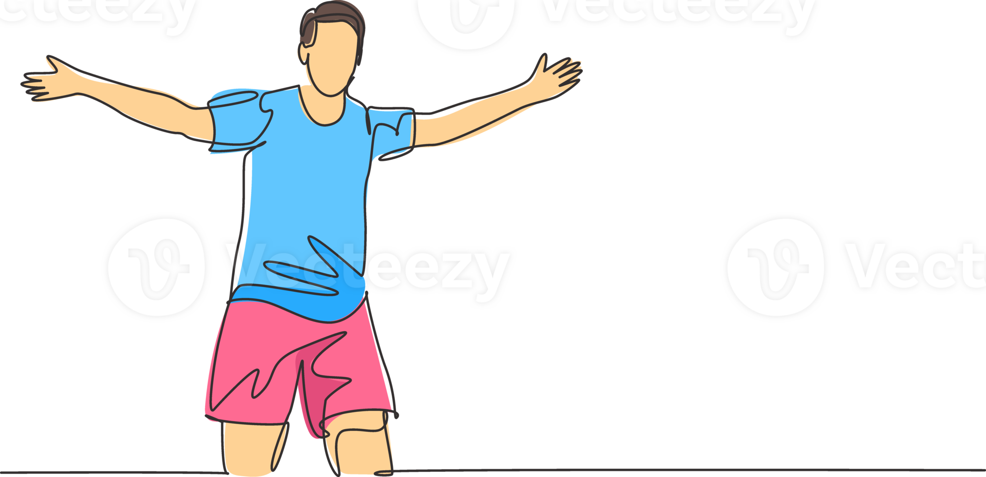 Single continuous line drawing of young sporty football player running around the stadium and spreading his arm on field. Match soccer goal celebration concept one line draw design illustration png