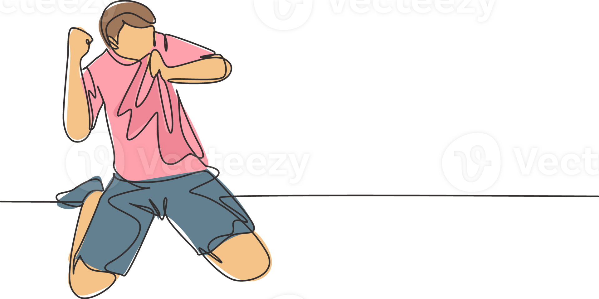 1 contínuo linha desenhando do jovem futebol jogador se beijando a crachá em dele jérsei e levanta punho mão para a céu. Combine objetivo pontuação celebração conceito solteiro linha desenhar Projeto ilustração png