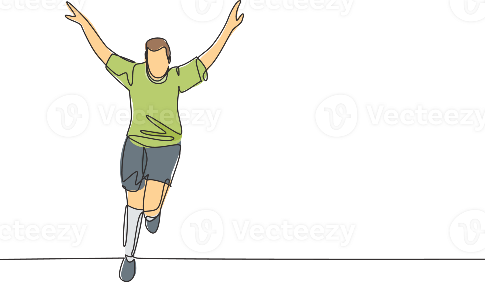 Single continuous line drawing of young sporty soccer player running around the field while spreading his arms on field. Match soccer goal celebration concept one line draw design illustration png