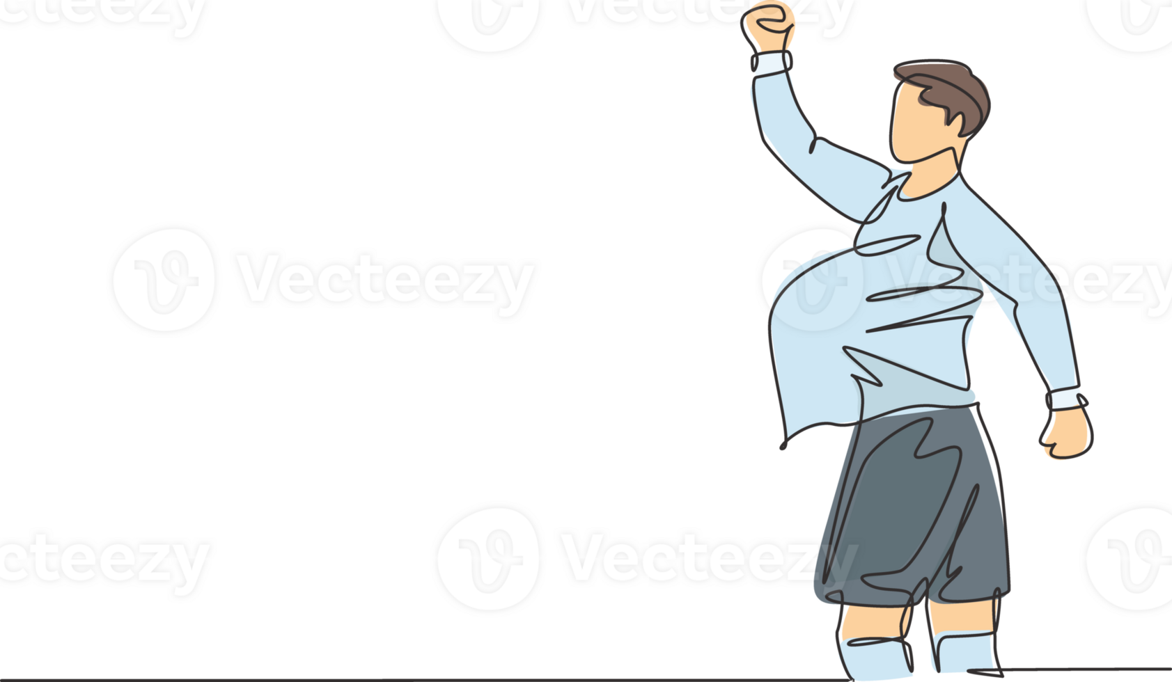 Single continuous line drawing of young sporty soccer player make pregnant gesture using ball after scoring the goal. Match soccer goal celebration concept one line draw design illustration png