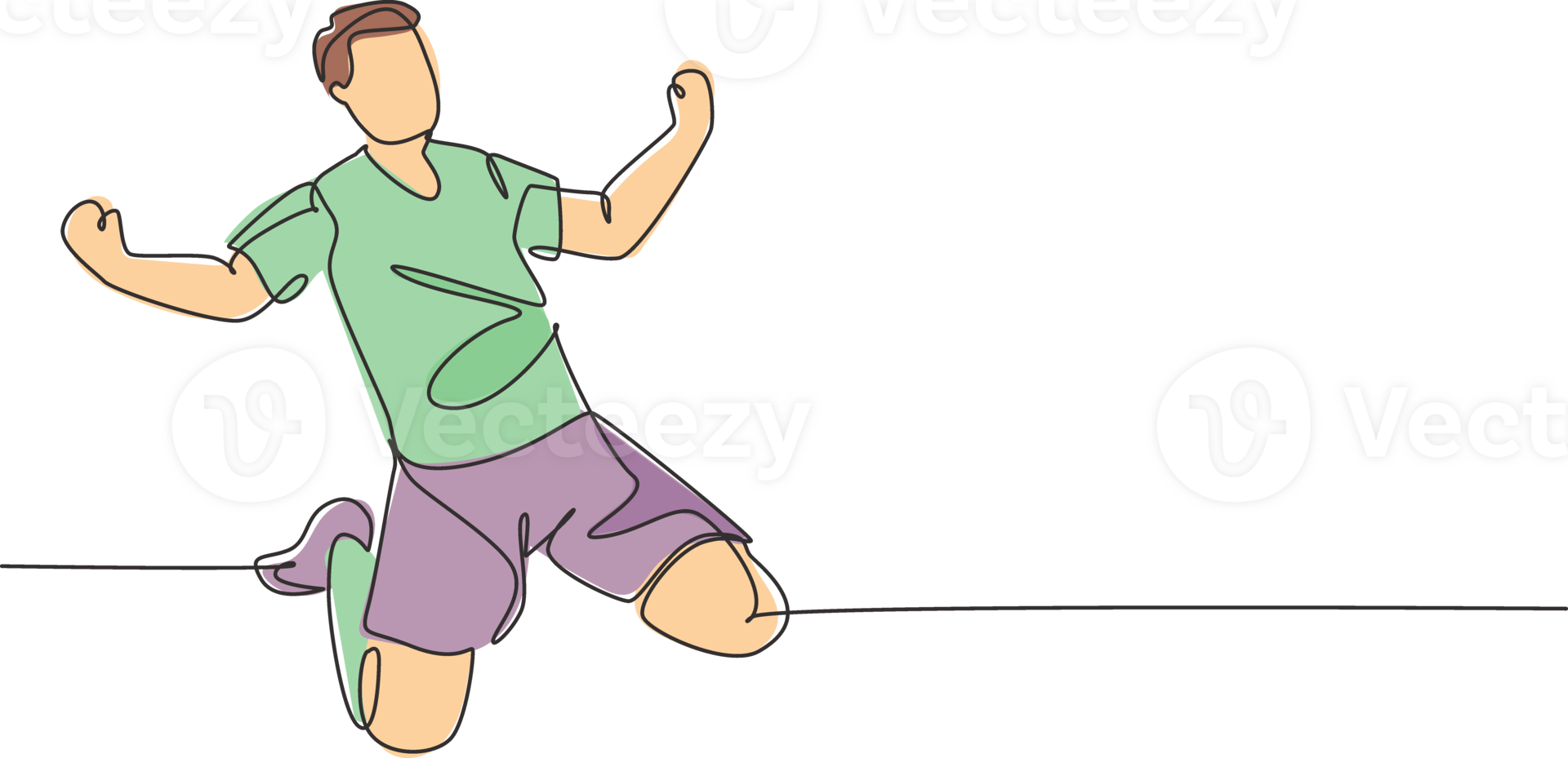One single line drawing of sporty young football player celebrating his goal scoring on the field emotionally on field. Match goal celebration concept continuous line draw design illustration png