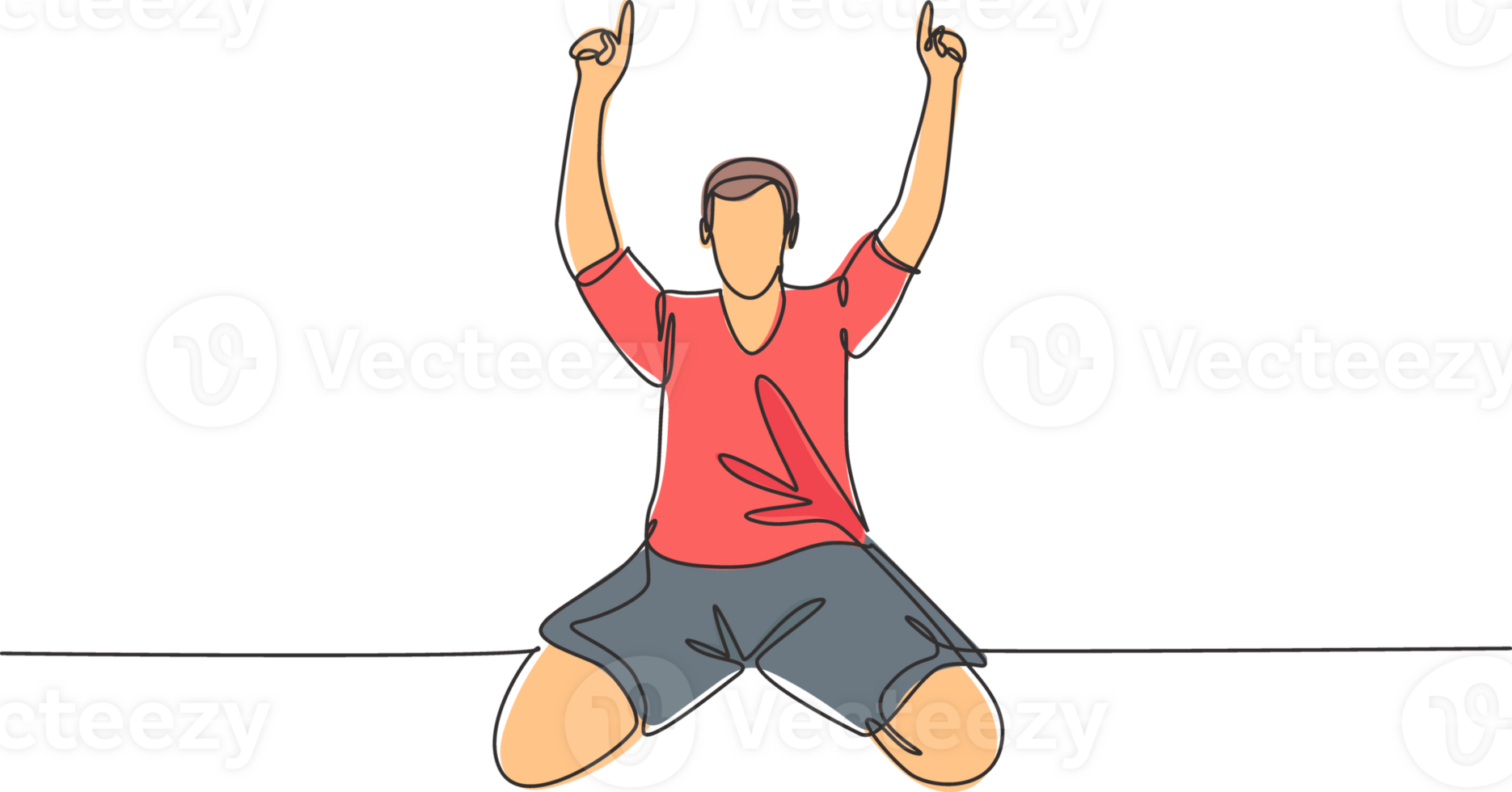 One single line drawing of young football player pointing his fingers to the sky celebrating his goal scoring at field. Match goal celebration concept continuous line draw design illustration png