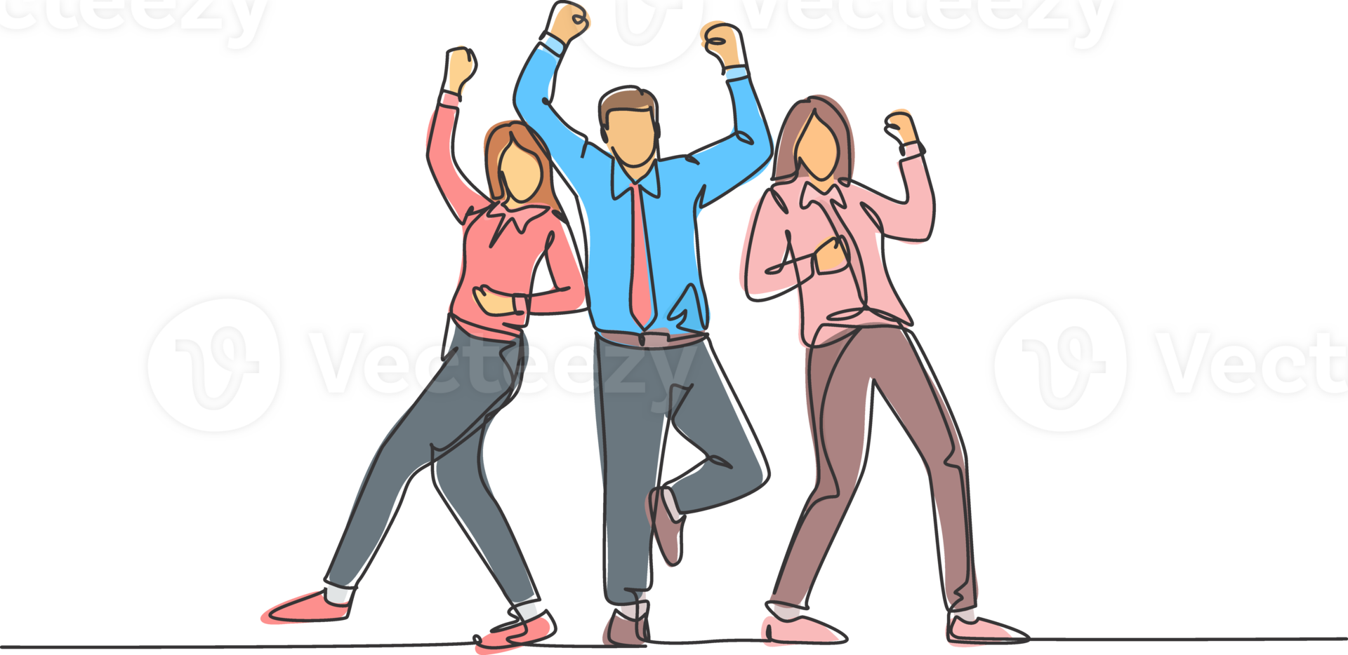 One continuous line drawing of young happy male and female company founder jumping at the meeting room together. Business teamwork celebration concept single line draw design illustration png