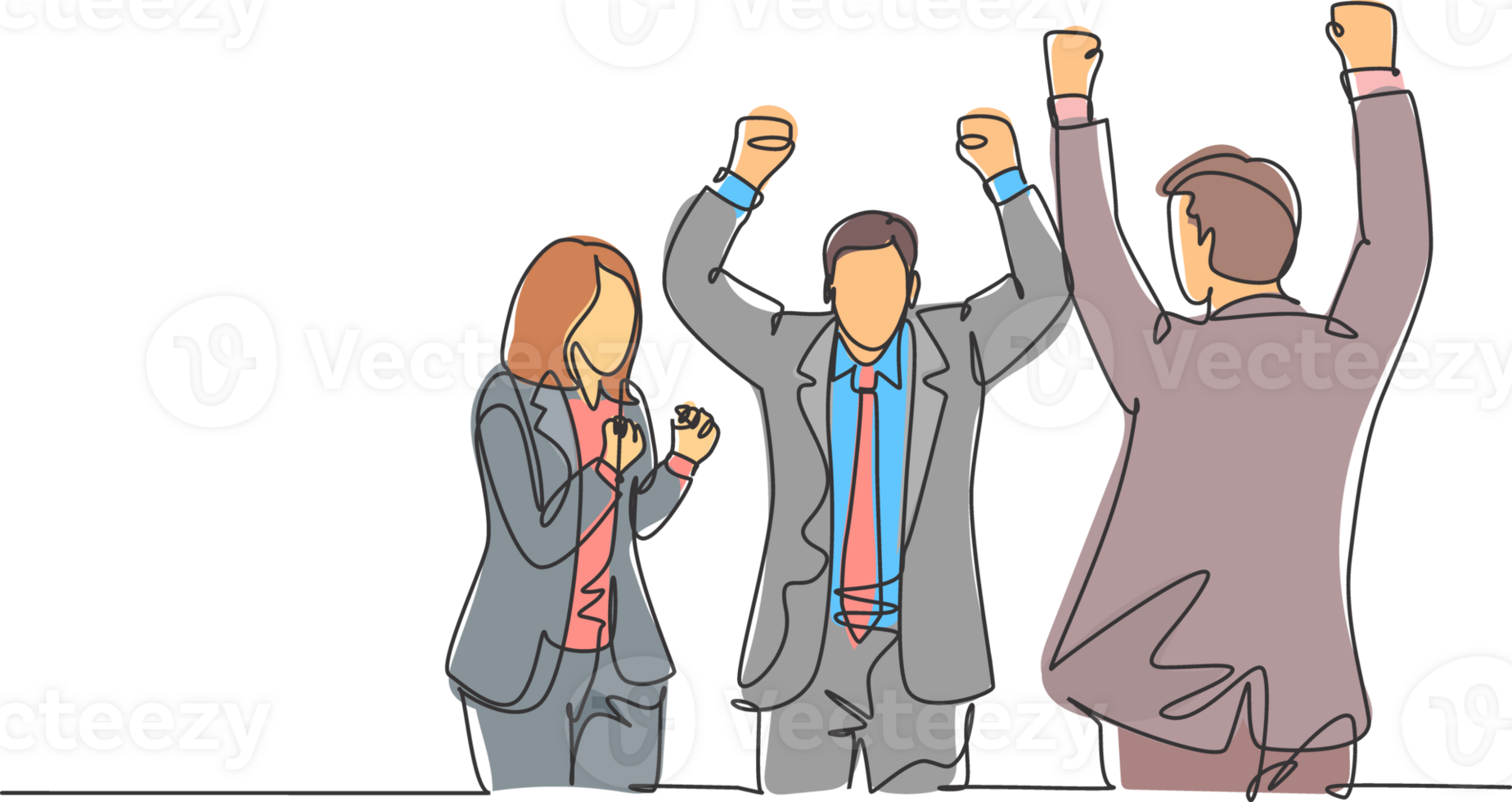 Single continuous line drawing of young happy male and female company founder punch fist to the air after company get investment. Business celebration concept one line draw design illustration png