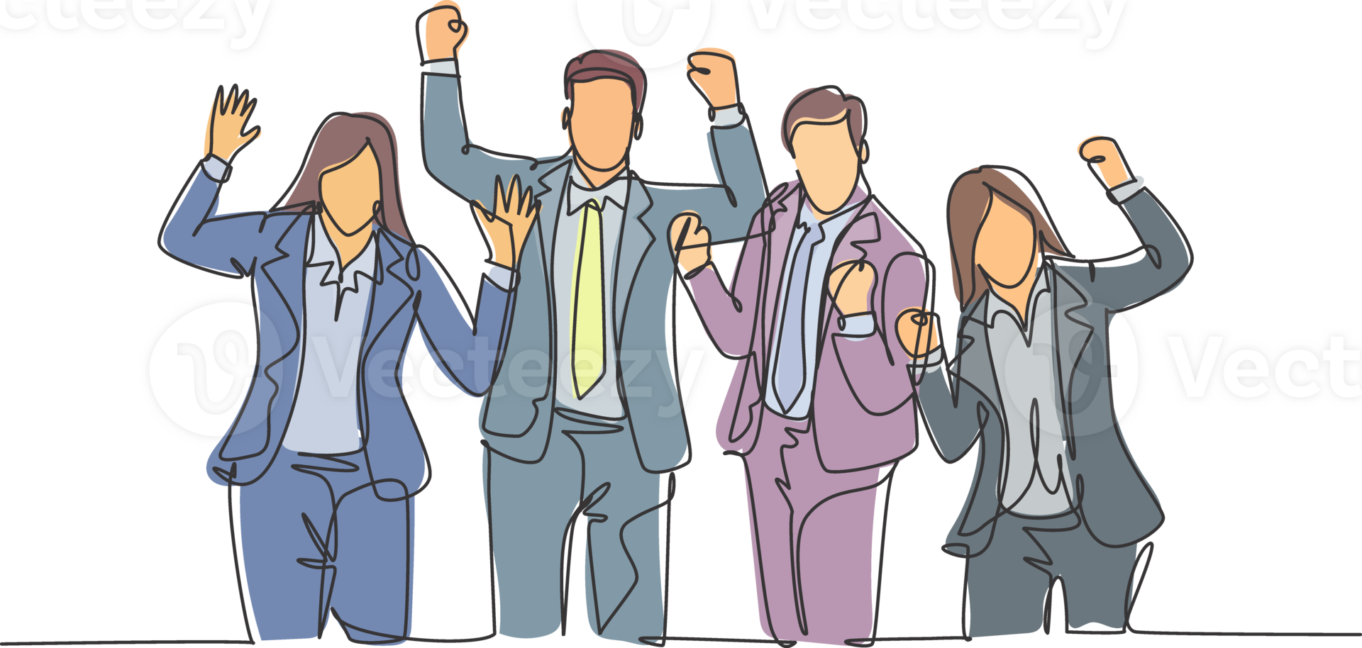One continuous line drawing of young happy promoted man woman manager line up neatly on office meeting room together. Business teamwork celebration concept single line draw design illustration png