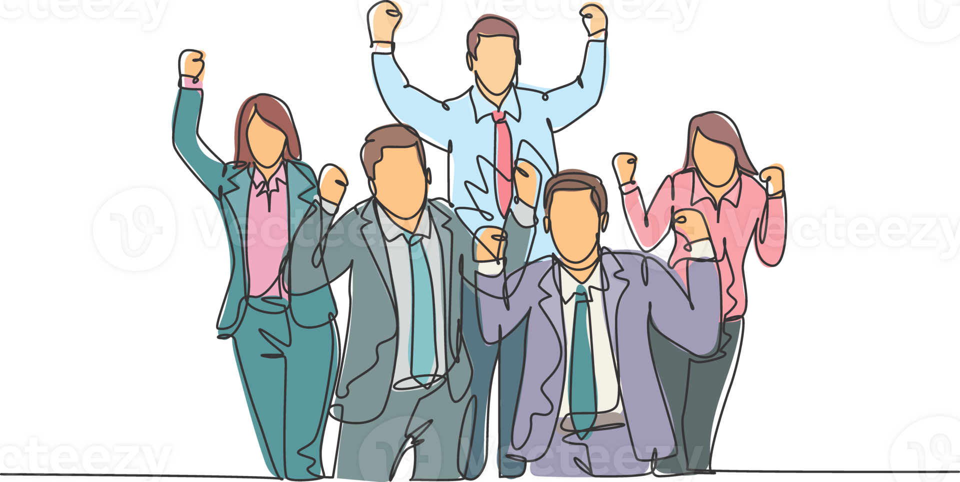 One single line drawing of young happy male and female workers standing forming circle shape together. Business teamwork celebration concept continuous line draw design illustration png