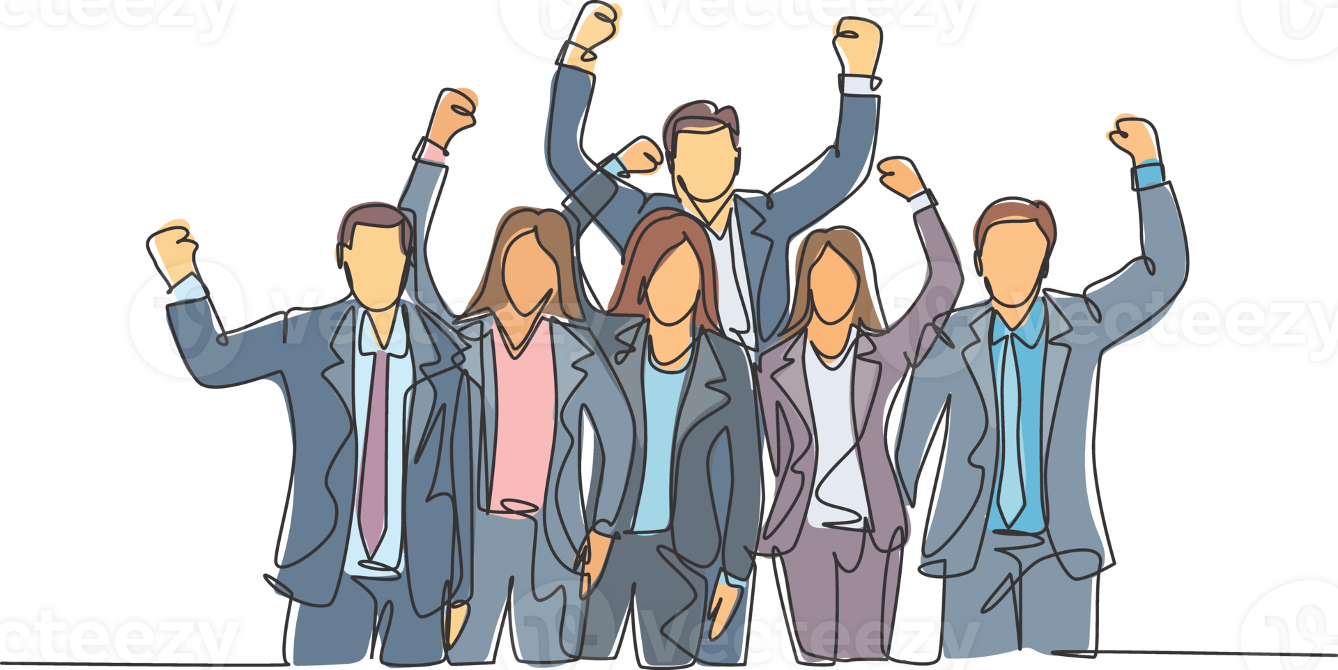 One single line drawing of young happy male and female manager open and raise their hands together. Trendy business teamwork celebration concept continuous line graphic draw design illustration png